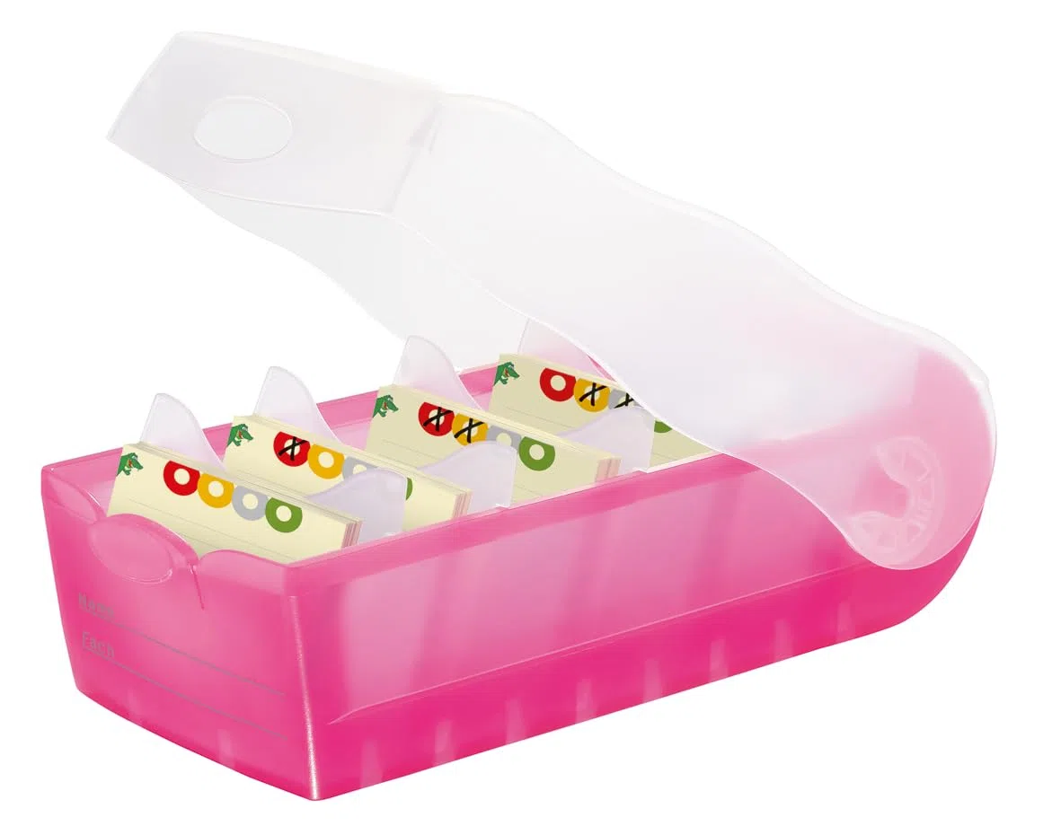 Han Croco 997-663 - Caja para archivar fichas (capacidad para 900 fichas DIN A7, polipropileno, 121 x 85 x 246 mm, color rosa transparente