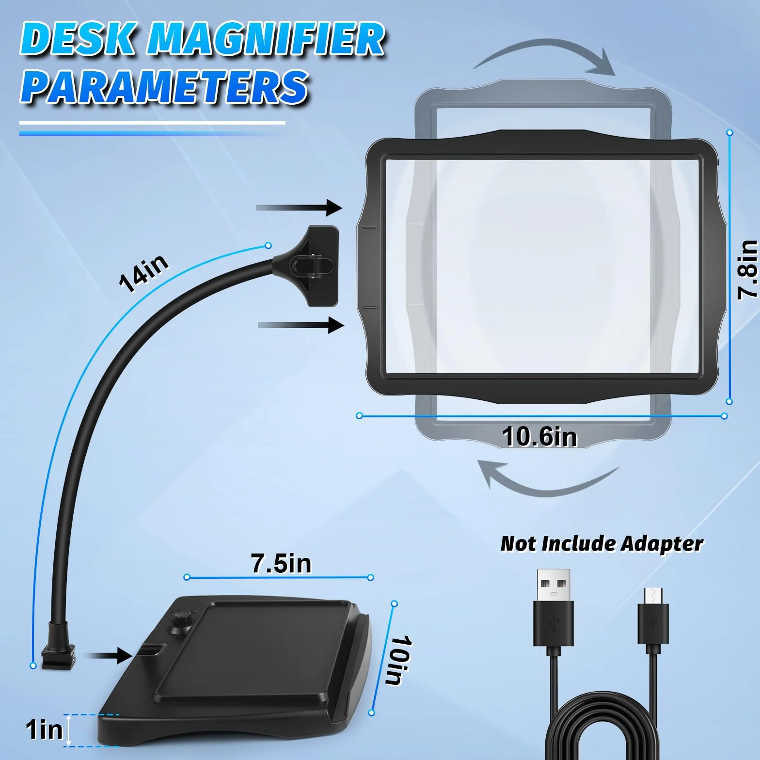 NZQXJXZ 10X Recargable Lupa con Luz y Soporte, Lámpara de Escritorio con Cuello de Cisne Flexible de 50 LED, Lupa de Página Grande para Leer, Coser, Manualidades, Pintar, Bricolaje, Trabajos de Cerca
