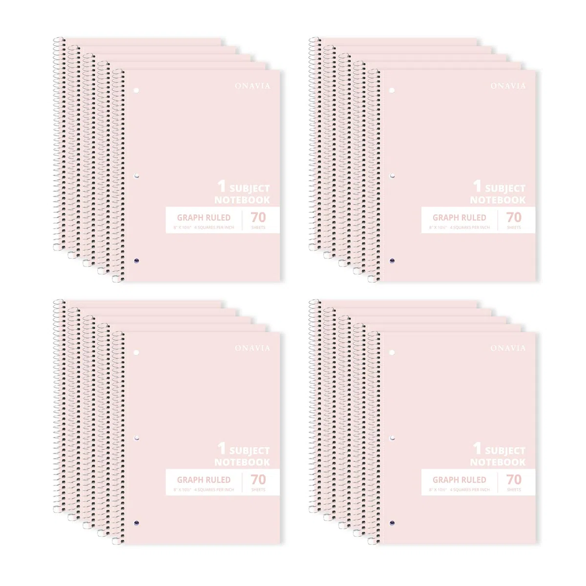 ONAVIA Cuaderno de espiral de una sola materia rayada, paquete de 20, papel cuadriculado de 4 x 4, 8 x 10.5, 70 hojas cada uno, cuadernos de aula a granel, color rosa