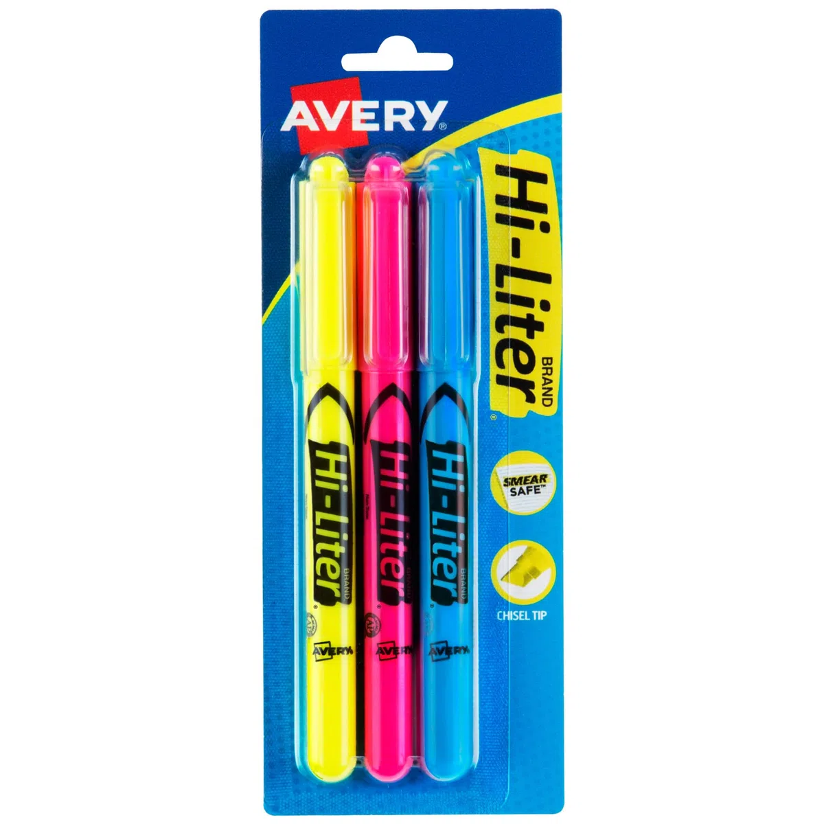 AVERY Highlighters estilo pluma Hi-Liter, tinta segura contra manchas, punta de cincel, 3 colores surtidos (25860)
