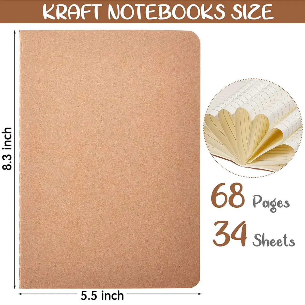 Epakh Paquete de 48 cuadernos de papel kraft A5 a granel de 8.3 x 5.5 pulgadas, diarios de viaje para viajeros, estudiantes, diario de escritura, suministros escolares, 68 páginas, 34 hojas (rayado)