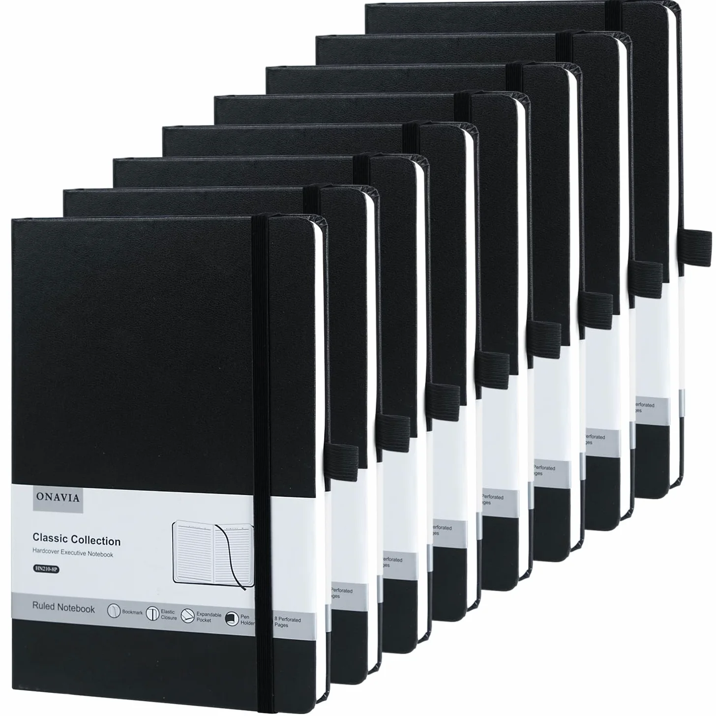 ONAVIA A5 Cuadernos paquete de 8, bloc de notas de 14 cm x 21 cm, Libreta Liso de Tapa Dura con Papel Grueso de 100 g/m², Cuaderno en Blanco de Tapa Dura de 160 Páginas Para Escritura, Estudio (Negro)