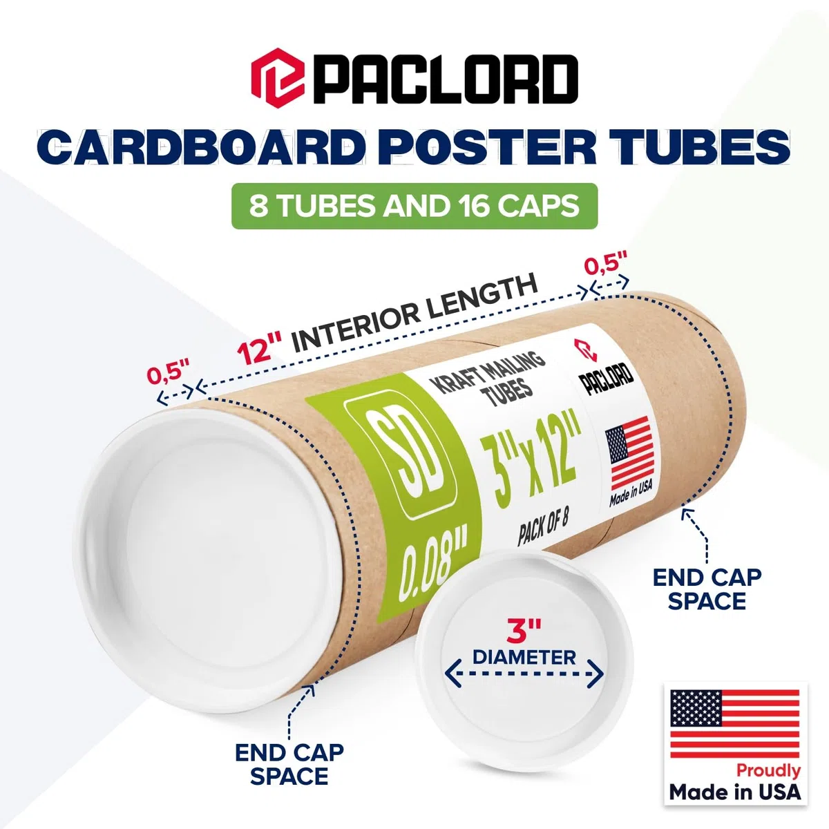 Tubos de correo de papel kraft reforzados de 3 x 12 pulgadas, paquete de 8 tubos con 2 tapas cada uno, tubo de póster aprobado por USPS, tubo de cartón fabricado en Estados Unidos para enviar y