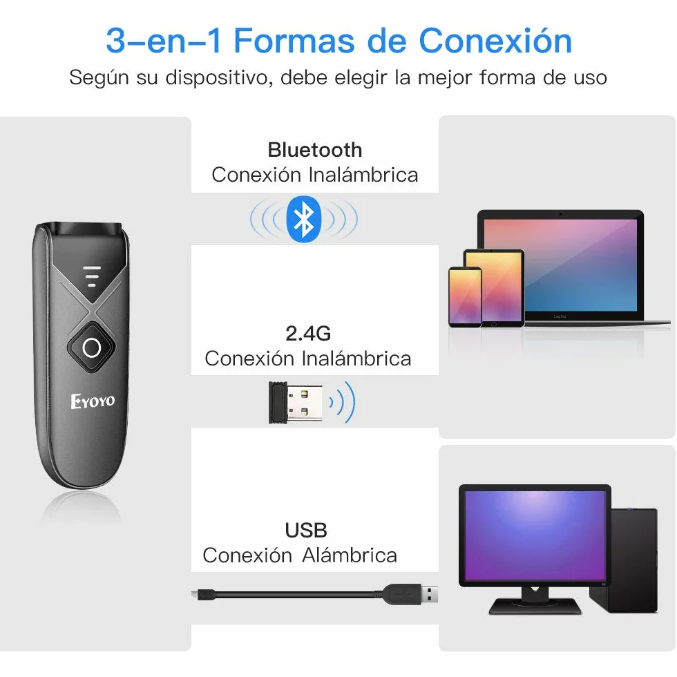 Eyoyo 2D Escáner de Código de Barras Bluetooth, QR Lector de Código de Barras 1D USB 2,4G Inalámbrico Data Matrix con Manual en Castellano y Inglés, Pistola Portátil para iOS, Android, Tabletas y PC