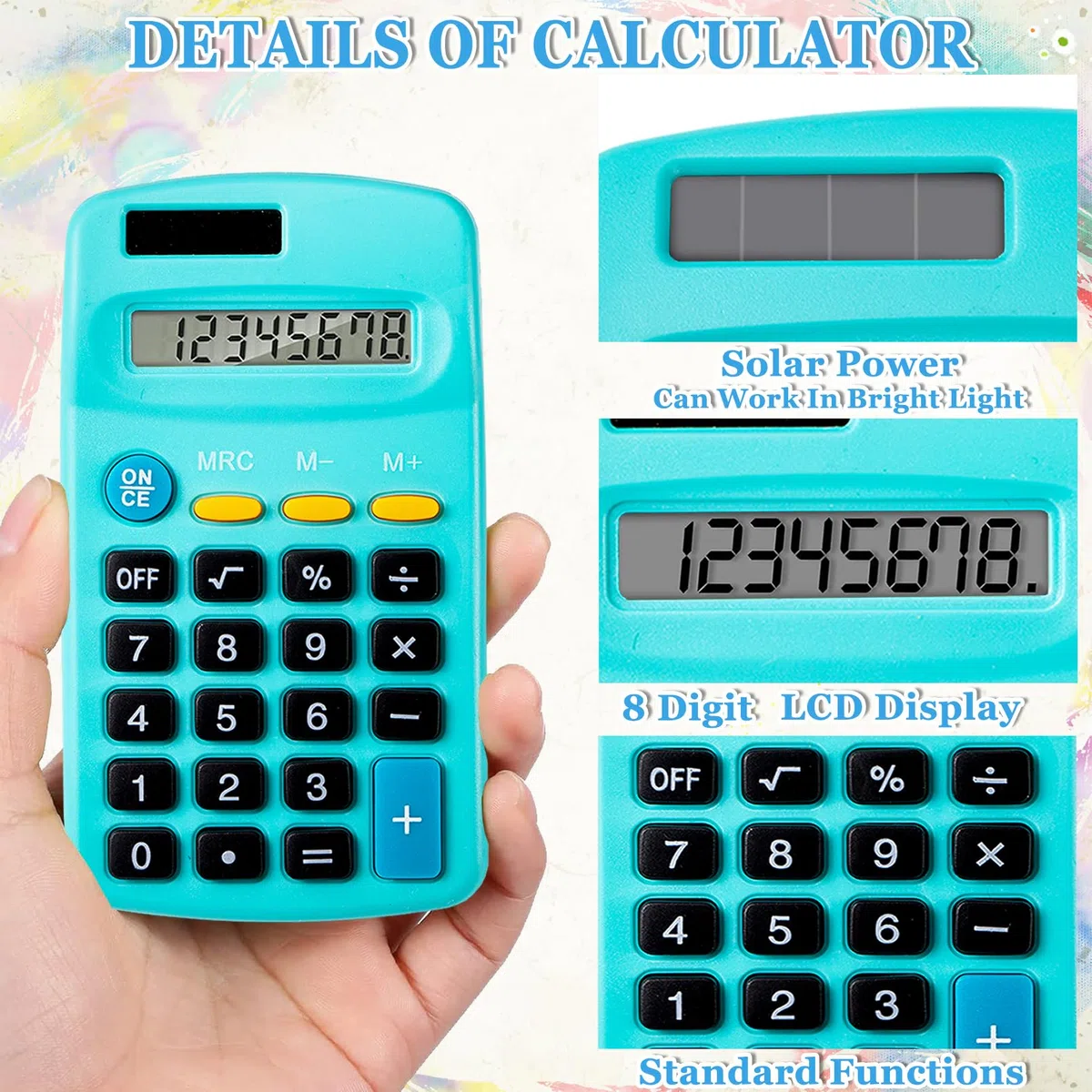 Mini calculadoras de tamaño de bolsillo, paquete de 18 baterías solares, calculadora de doble función de alimentación, pantalla de 8 dígitos, calculadora básica para estudiantes, niños,