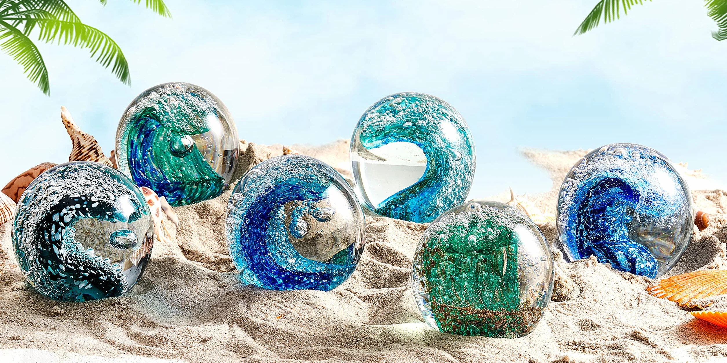 EUSTUMA Figura de vidrio, bola de olas del océano, pisapapeles de oficina, decoración del hogar y acuario, azul, moderno