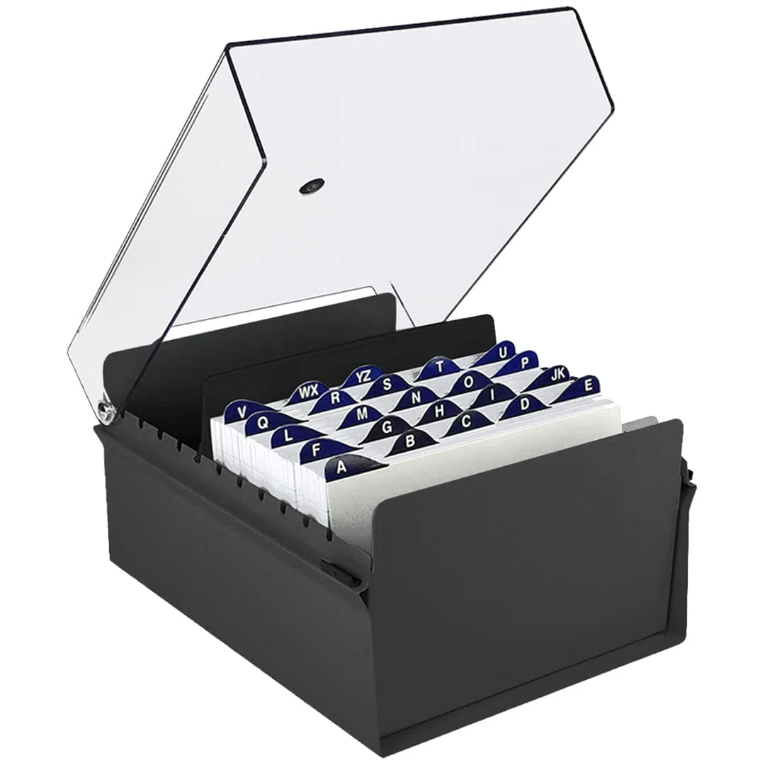 Acrimet Porta Tarjeta 6"x 9", Organizador de Fichas, Base de Metal Resistente (Incluye Índice AZ y un Divisor de Plastico) (Base Negro y Tapa de Plástico Transparente)