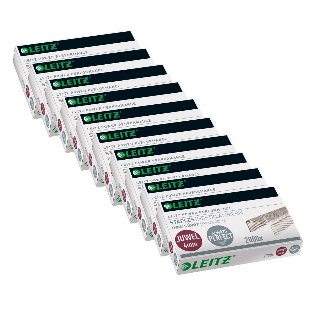 Leitz Juwel 56410000 - Grapas de 4 mm, 10 cajas de 2000 unidades, color plateado