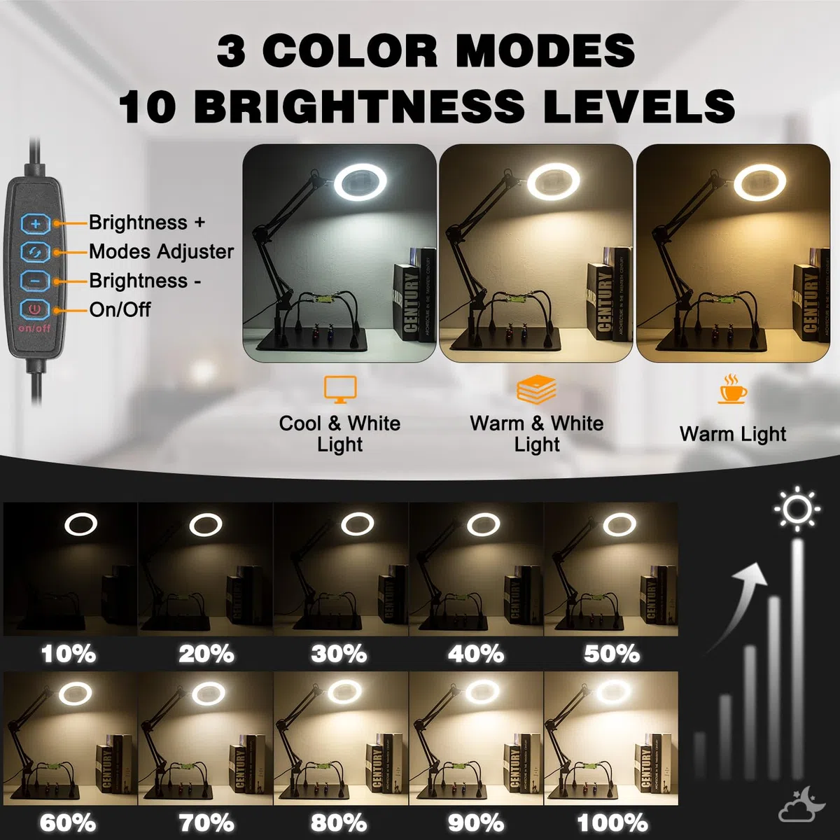 10X & 15X Lupa con Luz y Soporte, Manos de Ayuda Magnética con Lupa y Luz, Lámpara de Trabajo con Pinza y Modo de 3 Colores, Lámpara de Aumento para Manualidades, Soldaduras, Hobbies