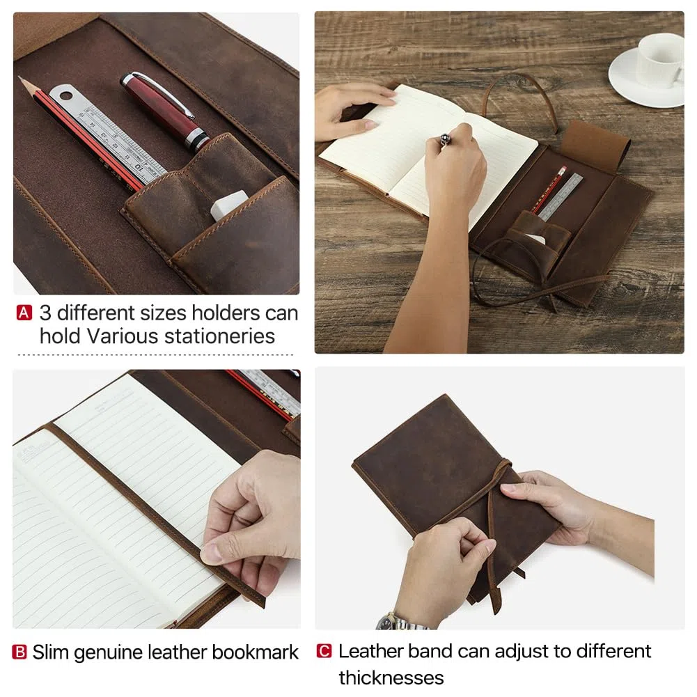 Funda de cuero para cuaderno A5 genuina con ranura para bolígrafo y banda de encuadernación