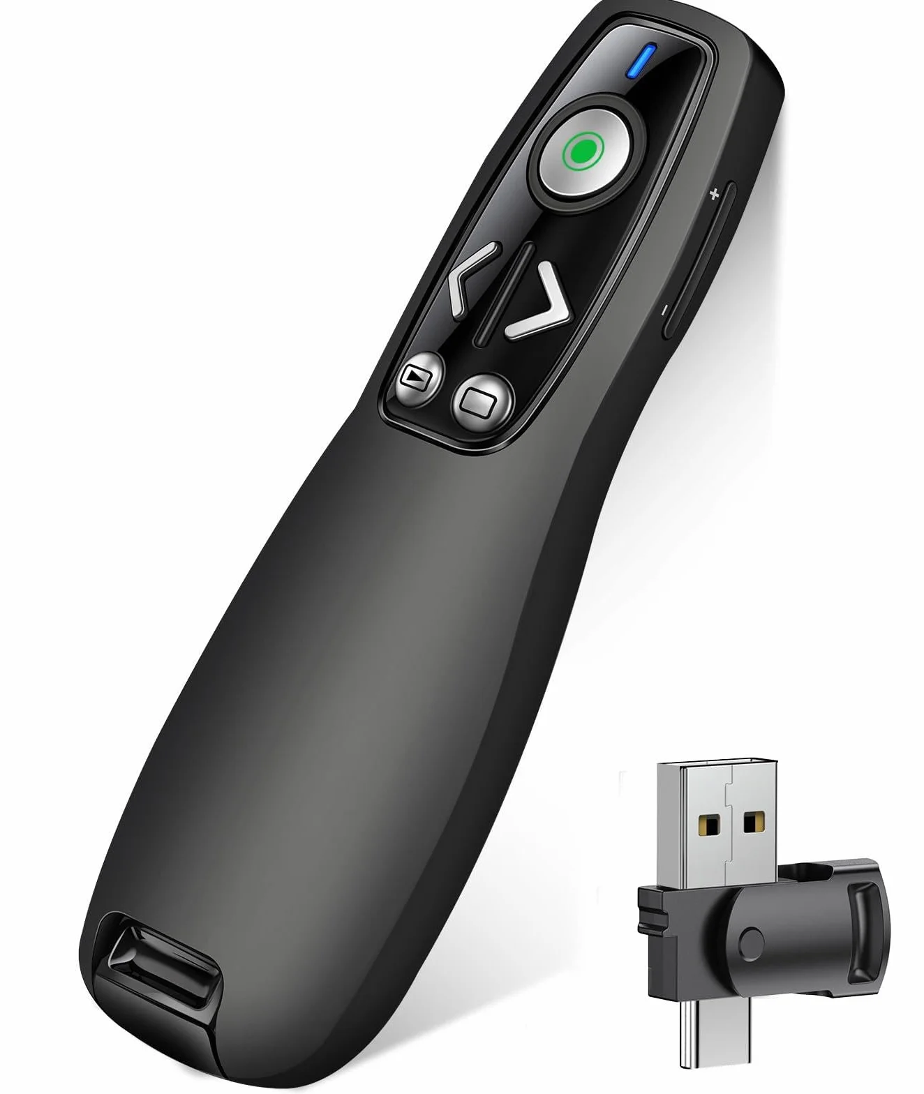 Control remoto inalámbrico 3 en 1 USB tipo C con luz verde para PowerPoint, PowerPoint Clicker con control de volumen PowerPoint Slide Advancer para Mac, computadora, laptop