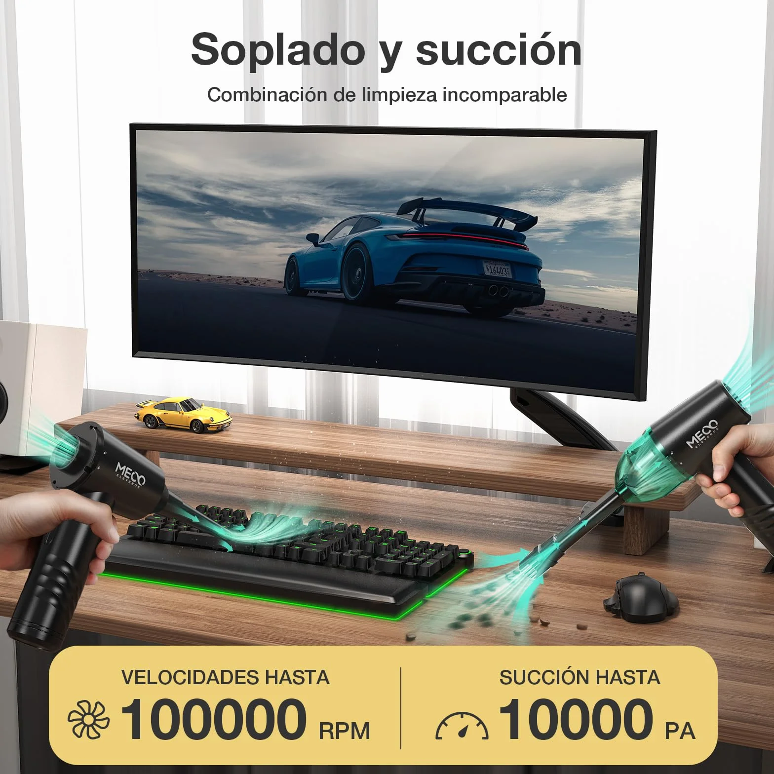 MECO ELEVERDE Soplador de Polvo Eléctrico y Aspirador 2 en 1, 100000 RPM Soplador Aire Comprimido, 3 Velocidades, 10 Kpa Soplador de Aire Inalámbrico, Aire Comprimido Limpieza PC, Sofá, Coche, Verde