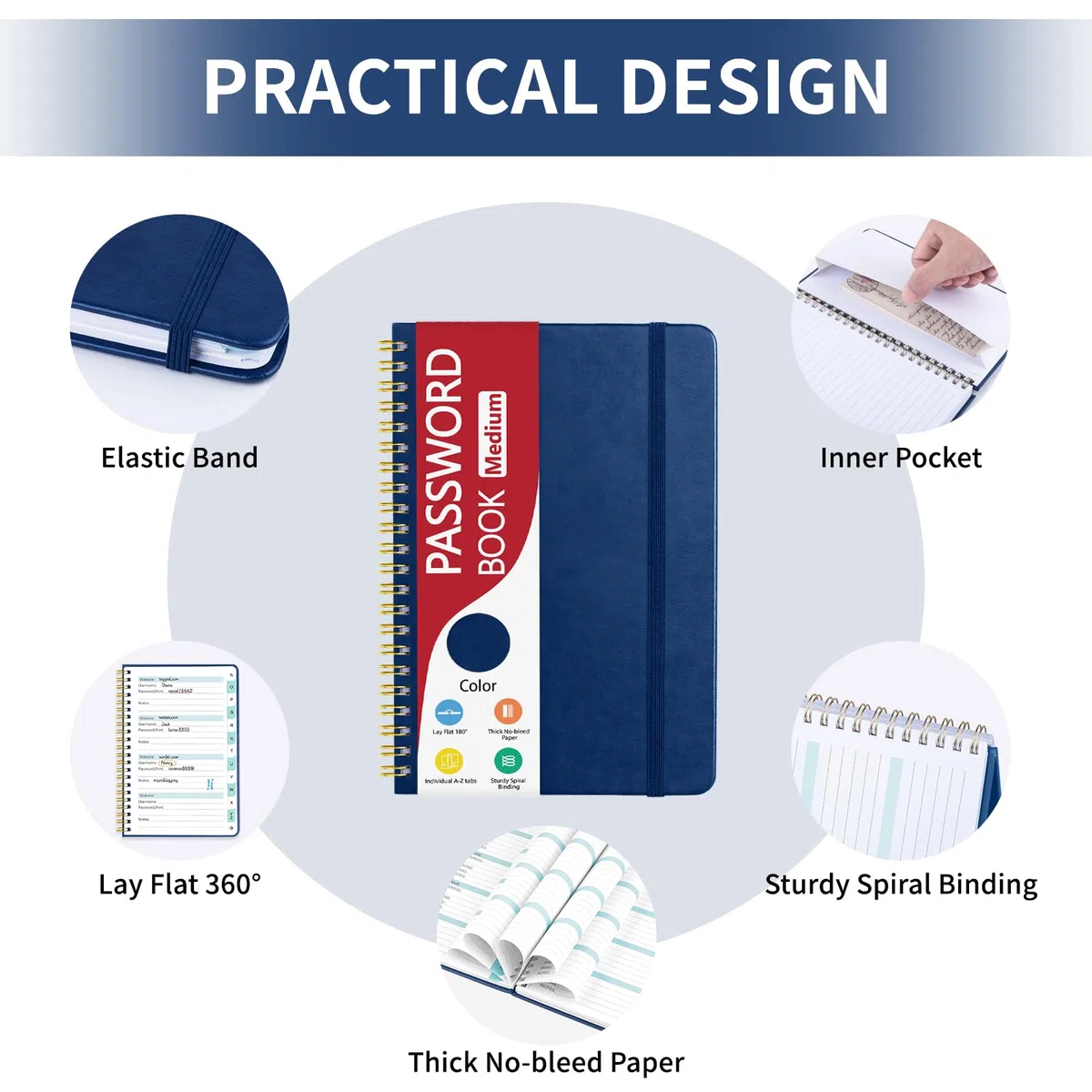 Homlive Cuaderno de contraseñas en espiral con pestañas alfabéticas individuales, libro de contraseñas de tapa dura para personas mayores, cuaderno de contraseñas para el hogar u oficina y inicio de