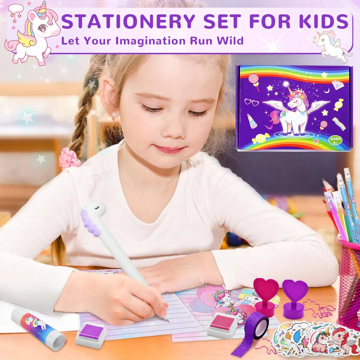 Set de Papeleria Bonita Unicornio, Material Escolar y Papeleria, Regalos de Papelería para Niñas de 6 7 8 9 10 11 12 Años, DIY Regalo para Cumpleaños y Navidad, 124 Piezas, Morado‌