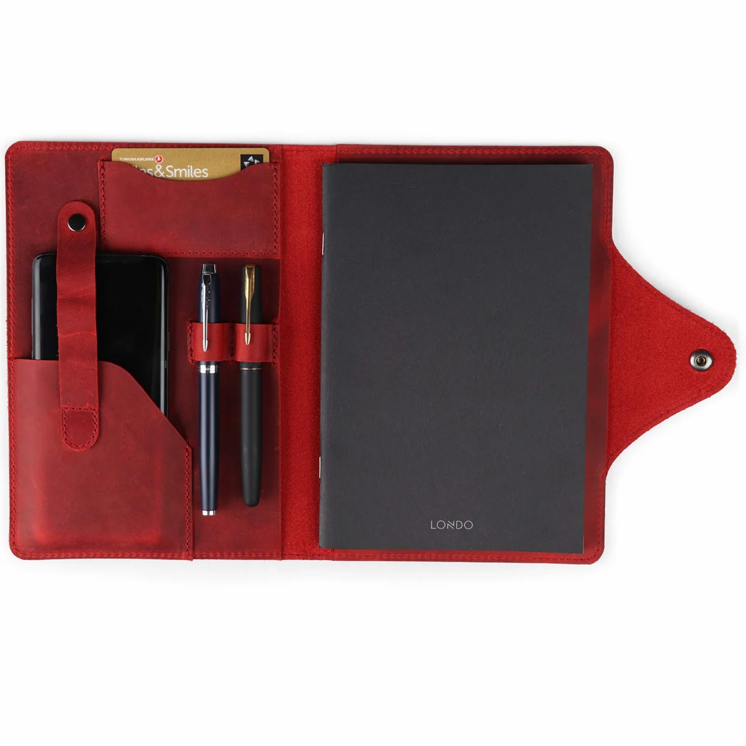 Londo Portafolio Cuero Genuino con Bloc Notas, Cierre a Presión, Minimalista, Tarjetero, Unisex - 23x18 cm