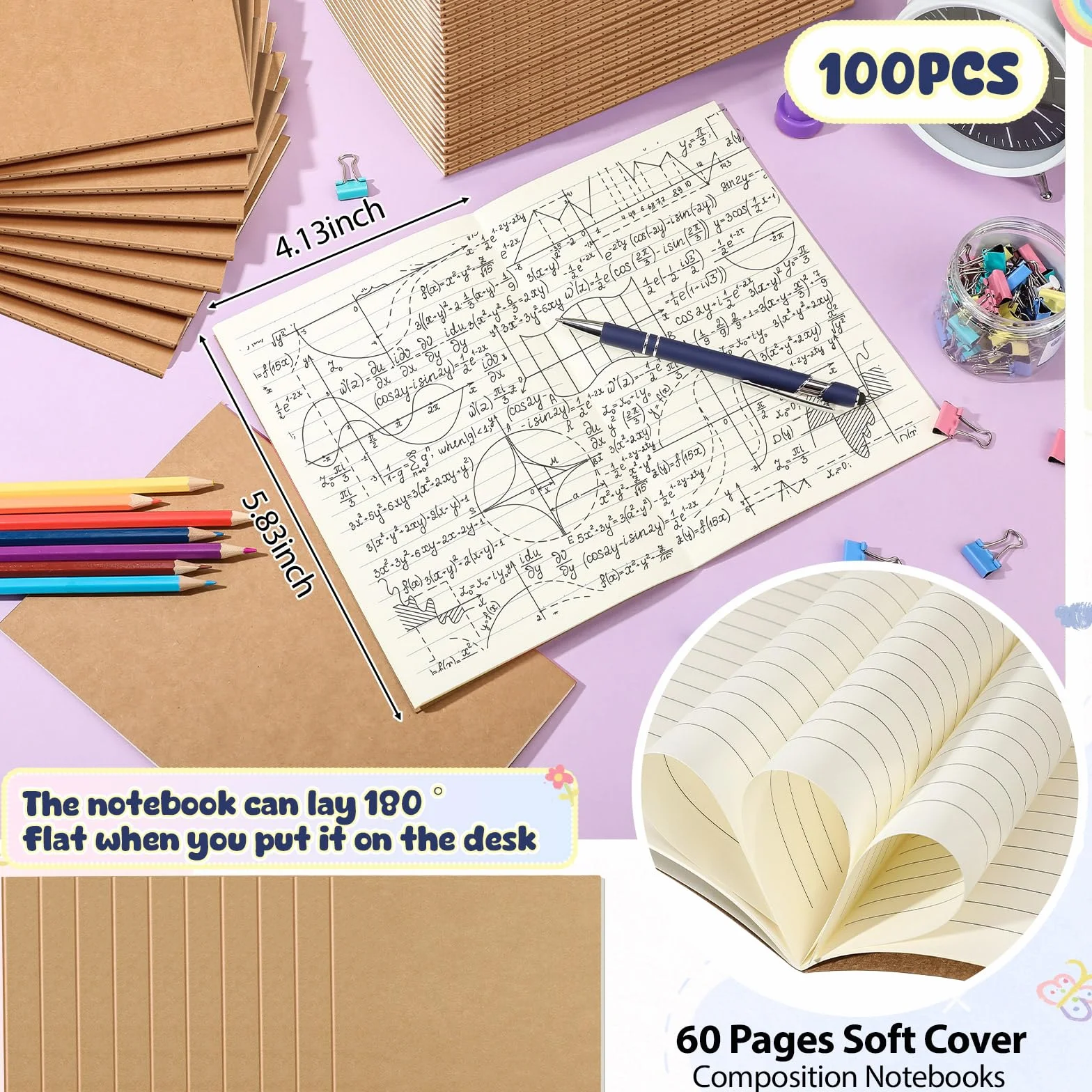 Handepo Paquete de 100 cuadernos de papel kraft de 60 páginas rayadas, cuaderno de tapa suave, bloc de notas de composición de papel kraft, diario de viaje, diario para estudiantes, suministros
