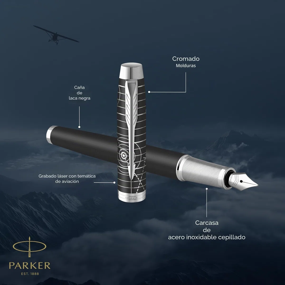 Parker IM Premium Pluma estilográfica | Colección Legacy of Flight | Acabado cromado | Plumín fino | Tinta azul | Caja de regalo