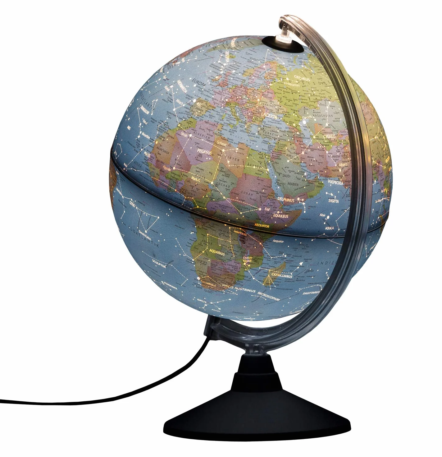 Idena 10411 - Globo terráqueo iluminado por LEDs con constelaciones, interruptor de encendido/apagado, aprox. 25 cm de diámetro, imagen del mapa político y astronómico