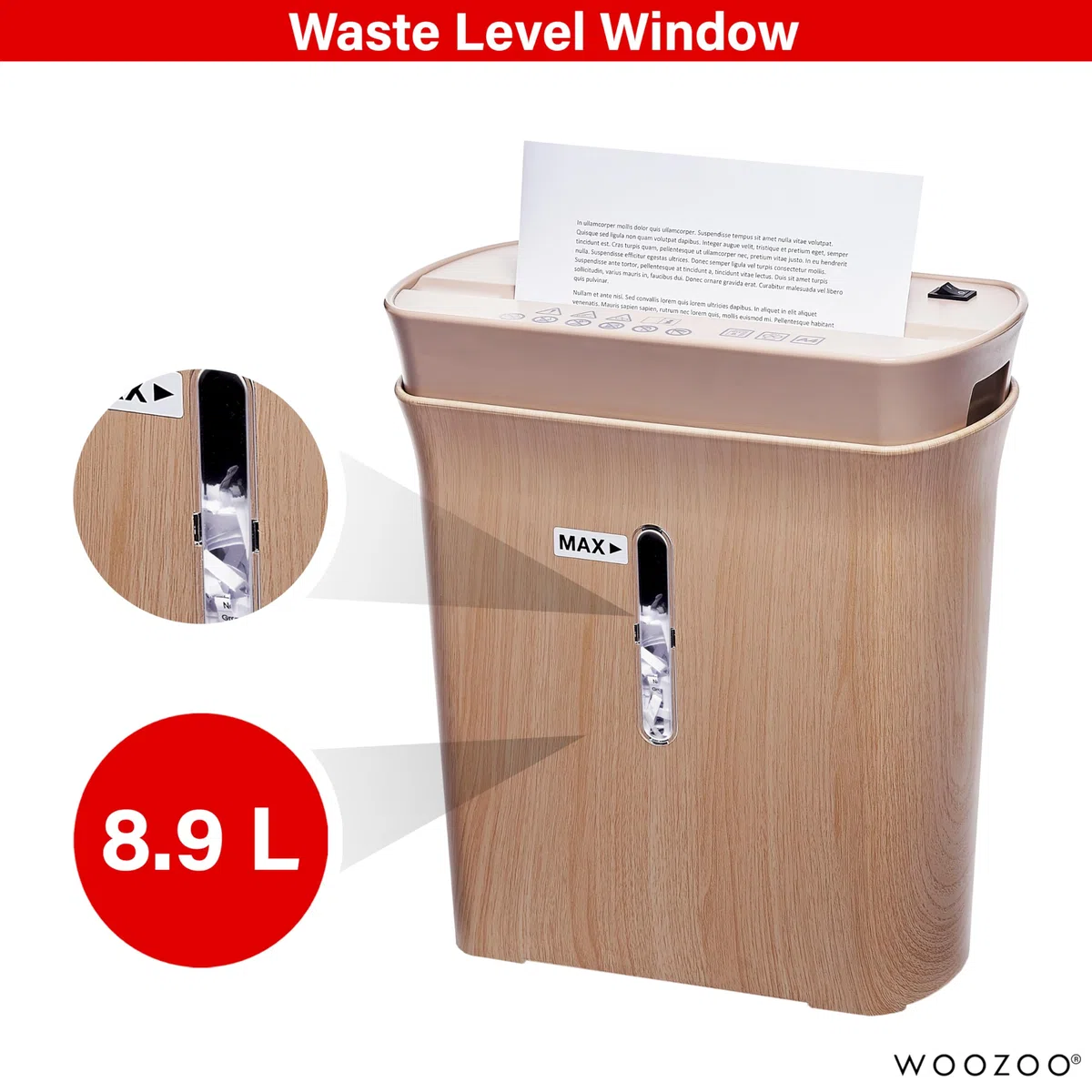 Woozoo, Trituradora de Papel/Destructora de Documentos, 8 Hojas, Tecnología Transversal, Papelera de 8,9L, Papel A4 - Personal Shredder Cross Cut P8GCD - Color Madera