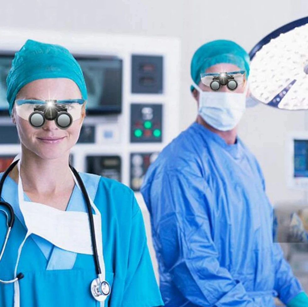 Lupa, lupas dentales 3.5X, Gafas quirúrgicas para médico con luz LED, Gafas binoculares con Lupa para Dentista con práctico Estuche de Transporte, Color Azul.