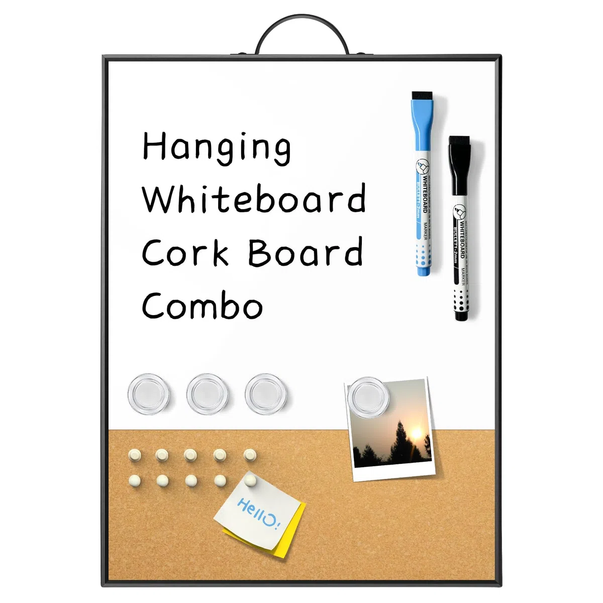 Pizarra blanca pequeña de corcho, pizarra magnética de borrado en seco de 16 x 12 pulgadas y tablero de corcho de anuncios con asa para colgar en la pared, pizarra blanca portátil con marco de