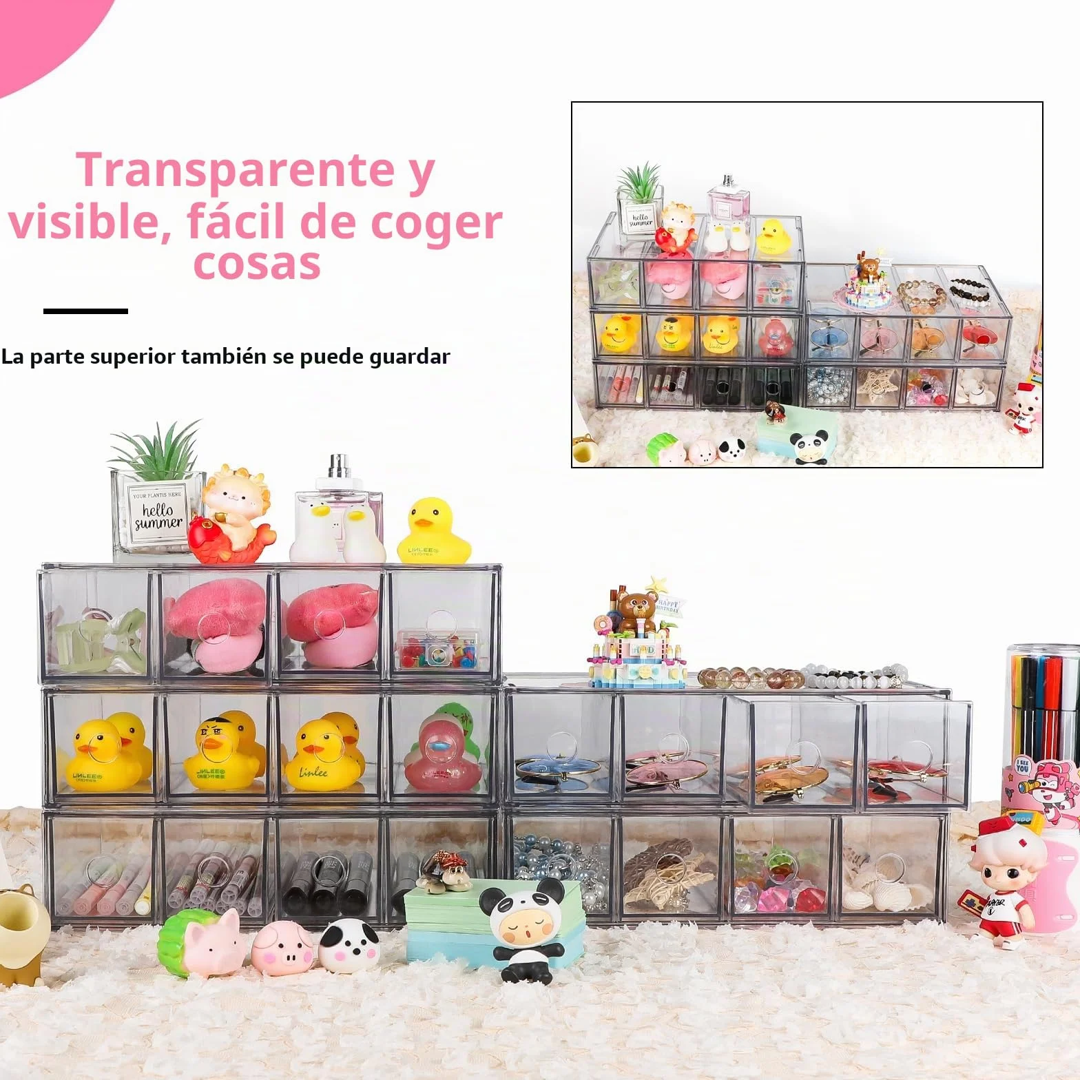 Organizador de escritorio apilable con 2 cajones y 8 compartimentos, caja de almacenamiento multifunción