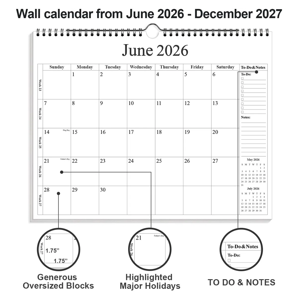 Calendario 2024-2025 – Calendario de pared 2024-2025 de enero de 2024 a junio de 2025, calendario de 18 meses con papel premium, encuadernación de doble alambre y gancho para colgar, 12 x 14.5