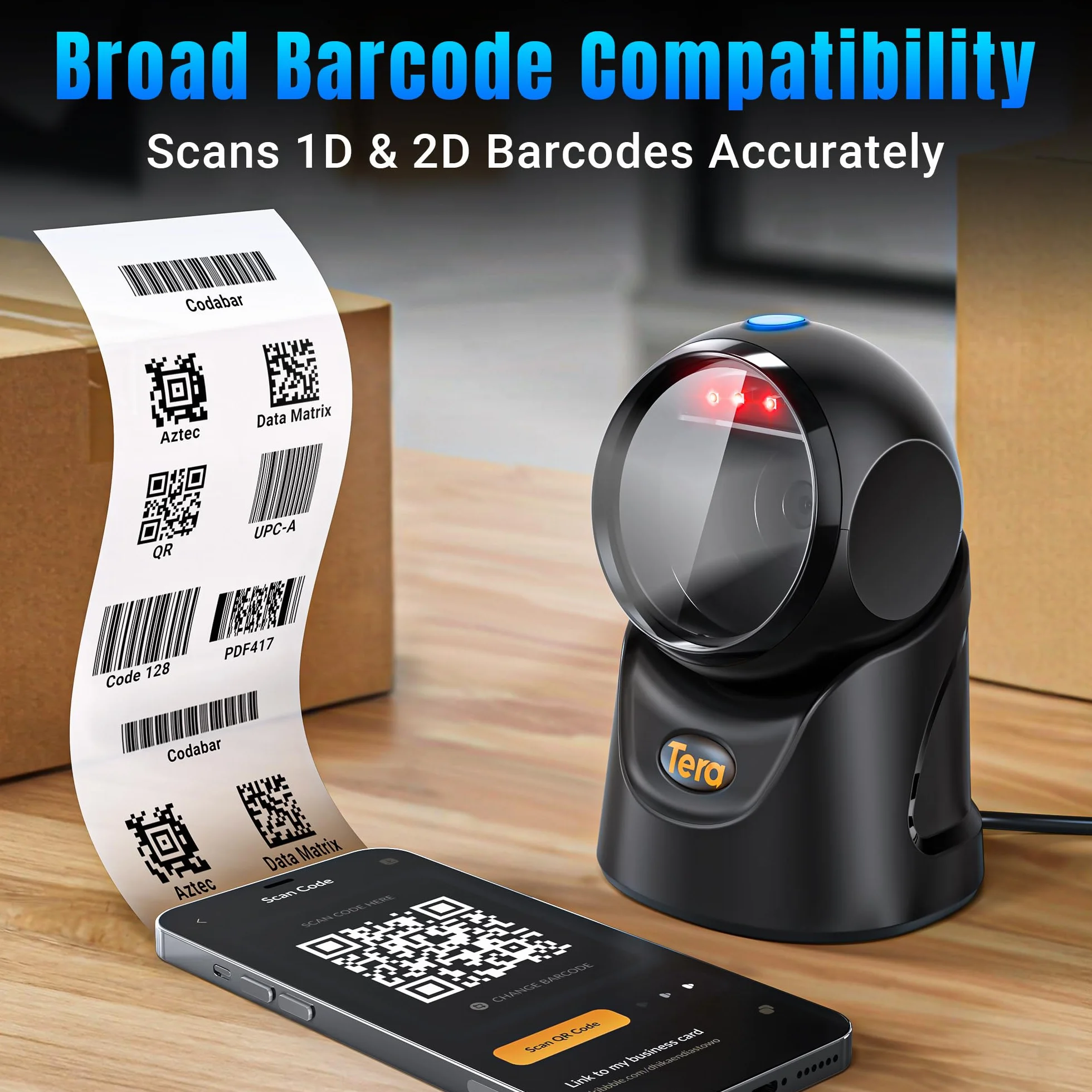 Tera Barcode Scanner Plattform Omnidirektional: 1D 2D QR Code Desktop-Lesegerät Freihändig USB Kabelgebunden Verstellbarer Winkel, Plug-and-Play für POS Supermarkt, Lager, Einzelhandel, Krankenhaus 97