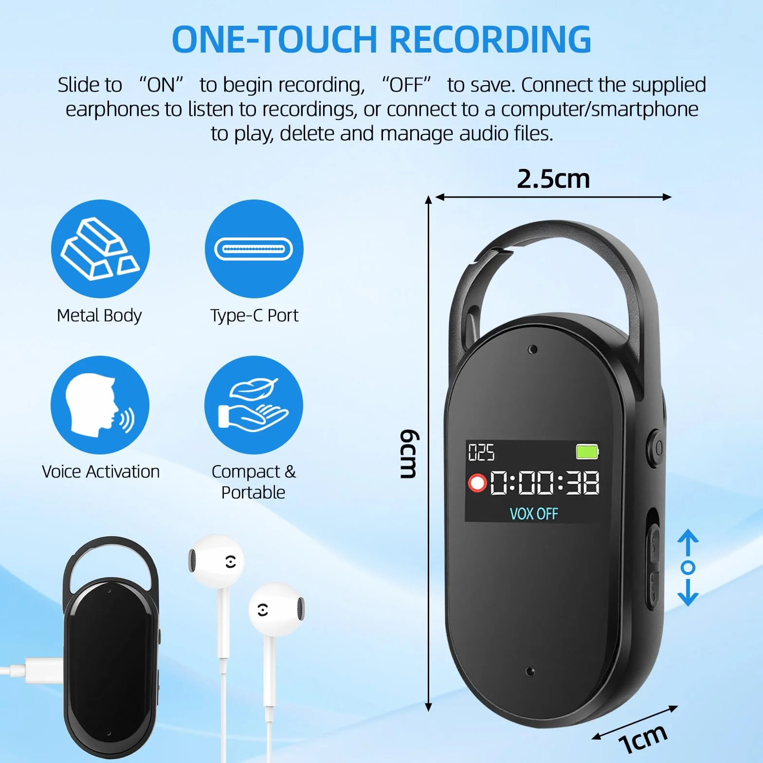 64GB Grabadora de Voz - Portátil Mini Grabador de Audio Digital Profesional con Activación por Voz y MP3, Diseño en Llavero, AGC Reducción de Ruido, Clases, Reuniones, S29 (Black)