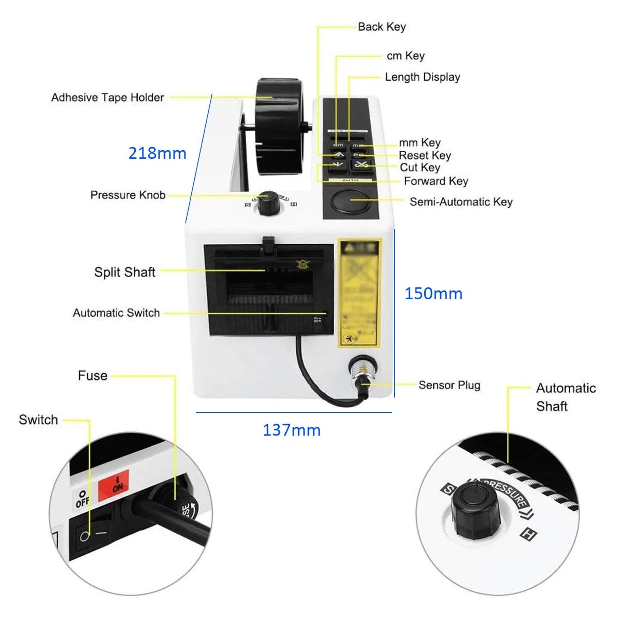 Cortador de cinta automático, dispensador eléctrico de cinta con pantalla digital, longitud de corte ajustable 20-999 mm, para envolver y embalar, compatible con ancho de papel de 7-50 mm