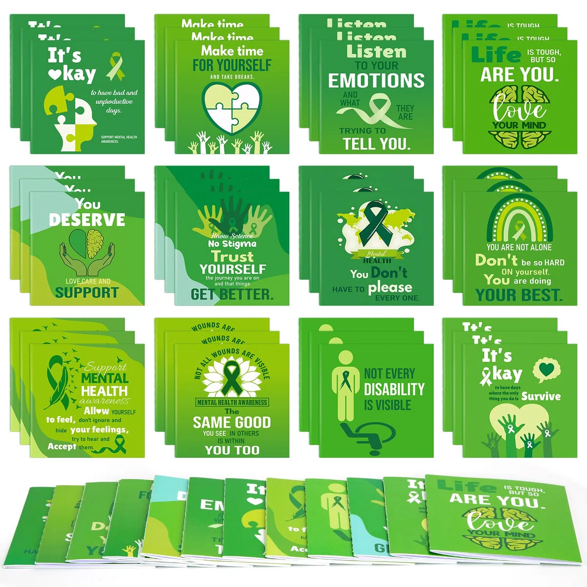120 blocs de notas de concienciación sobre la salud mental, a granel, cinta de concienciación verde, mini bloc de notas, cuaderno de bolsillo para regalos de fiesta del mes de salud mental (4 x 4