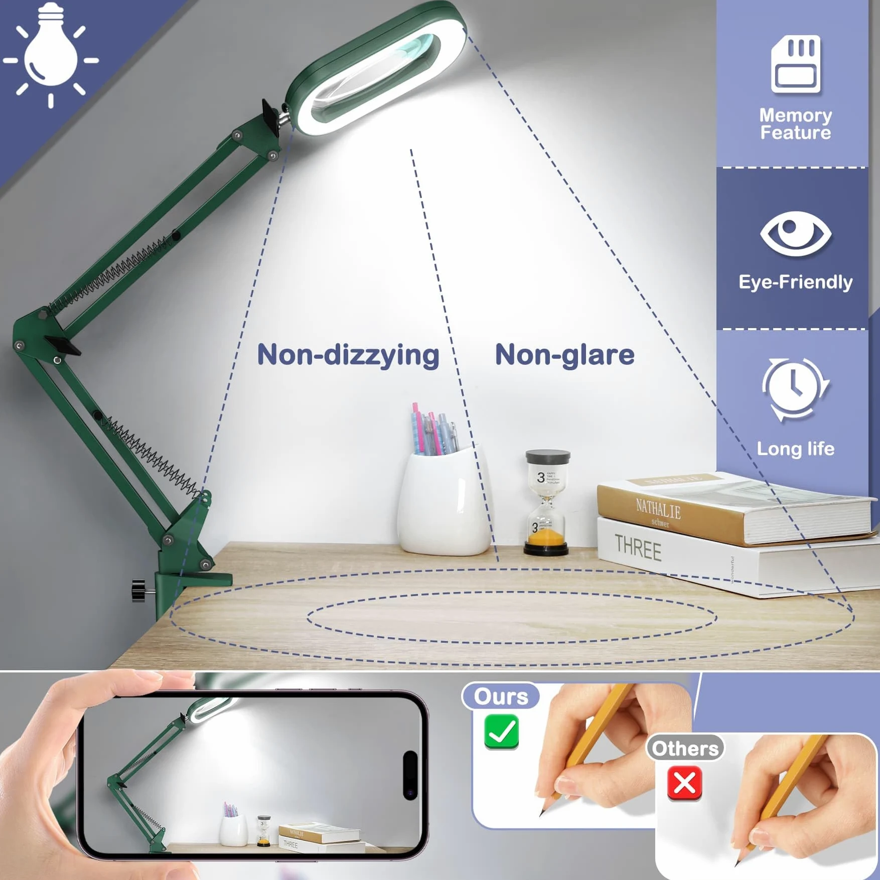 Lupa cuadrada de 10 aumentos con luz y abrazadera, lupa y soporte de cristal real, 5 modos de color regulable, lámpara de escritorio manos libres con abrazadera para leer, manualidades, pasatiempos