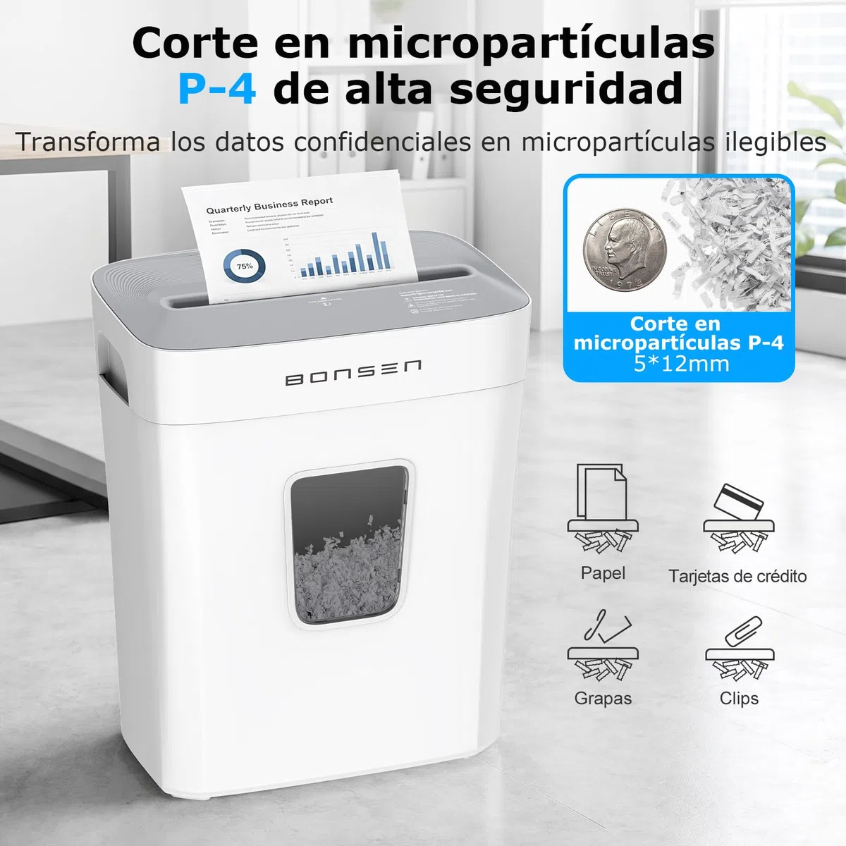 Destructora de Papel microcorte BONSEN P-4 de 6 Hojas, con Papelera de 16L | Destructora de papel y tarjetas de crédito con protección contra sobrecalentamiento, ideal para el hogar y la oficina S5201-W