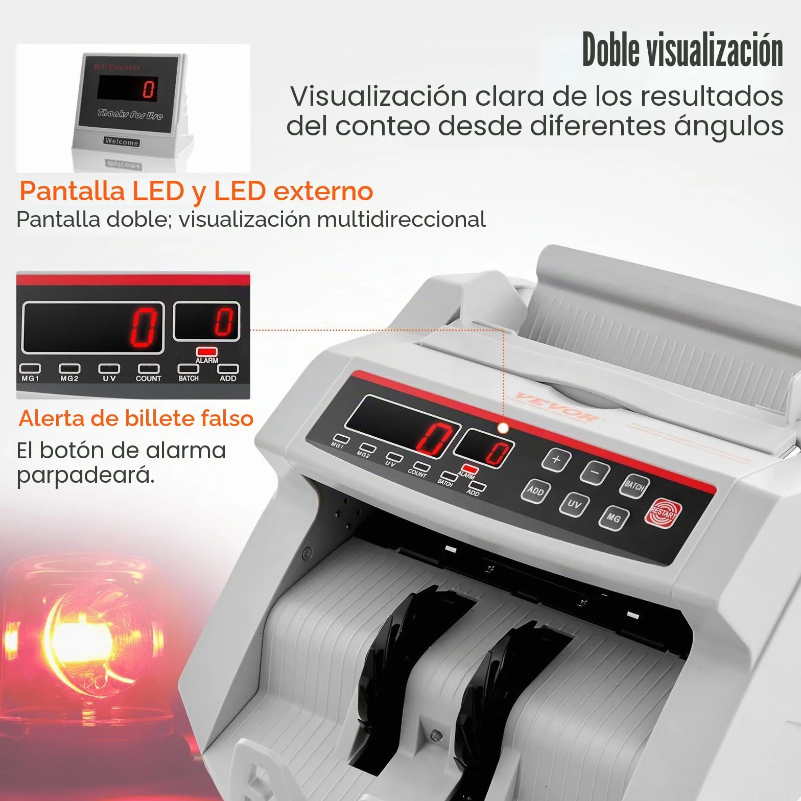 VEVOR Contador de billetes de dinero con pantalla LED contador de billetes profesional con detector de billetes falsos, UV/MG, 1000 billetes/minuto, solo cuenta el número de hojas