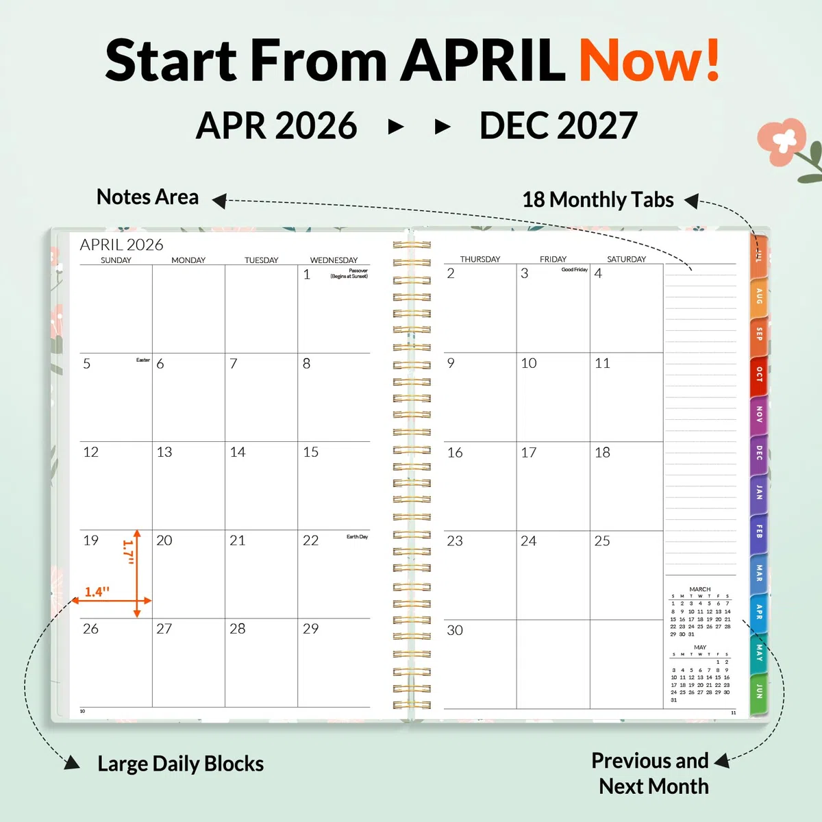 SUNEE Agenda mensual 2026-2027, calendario de 18 meses de julio de 2026 a diciembre de 2027, planificador anual de 7 x 10 pulgadas con pestañas, encuadernación en espiral, organizador para escuela