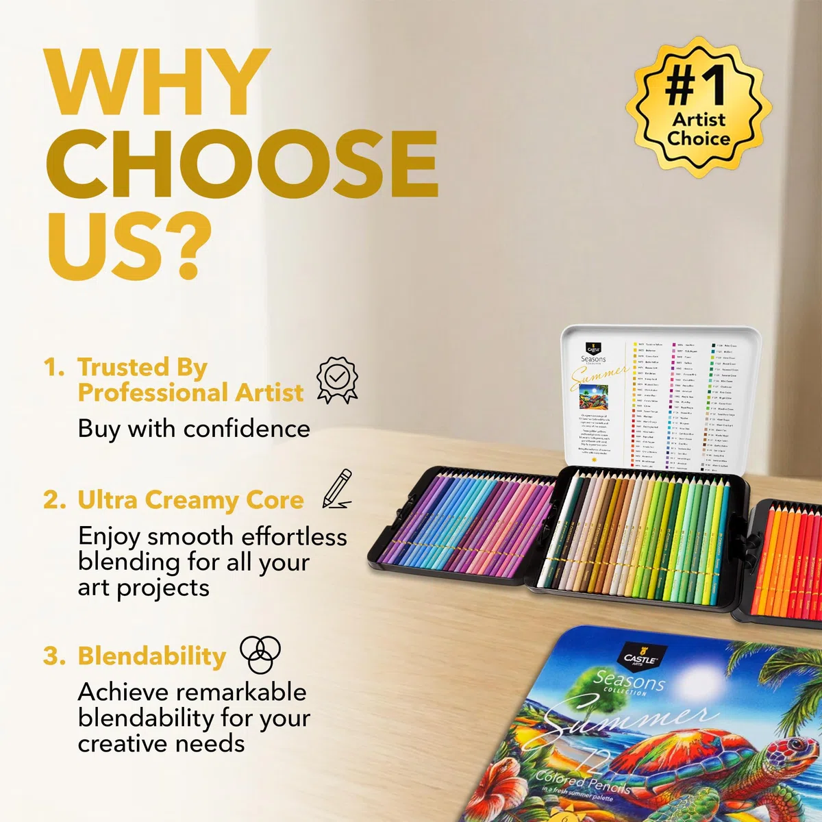 Castle Art Supplies Juego de 72 lápices de colores de verano | Lápices a base de cera con núcleos suaves y lisos | Paleta inspirada en el verano para artistas adultos | Organizado en lata de