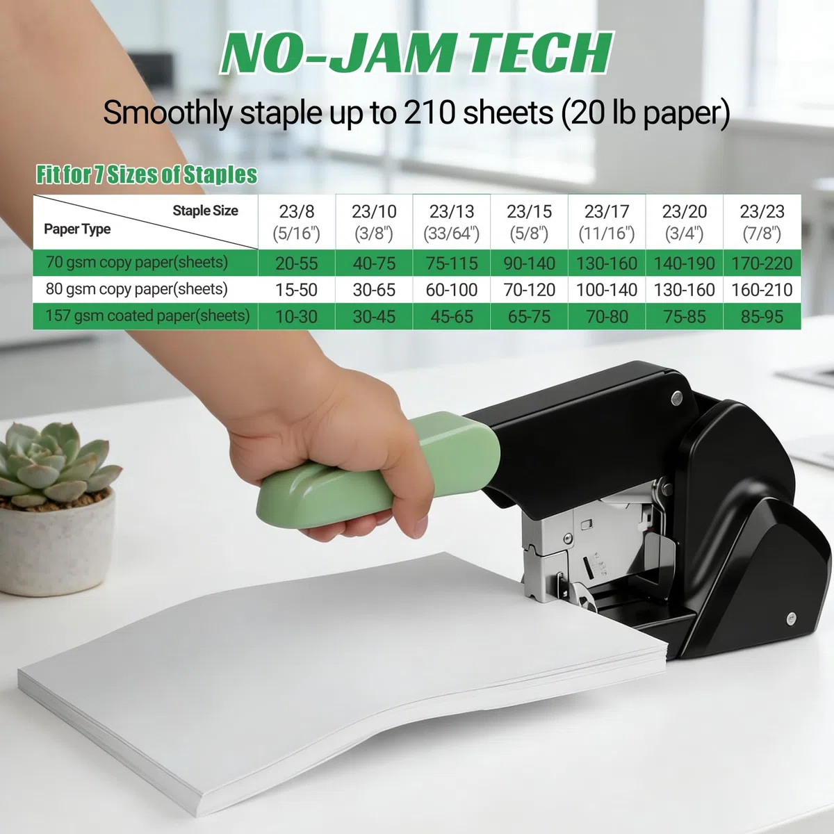 AFMAT Grapadora resistente, capacidad de 210 hojas, 60% menos esfuerzo, sin atascos, incluye 7.000 grapas, grapadora de escritorio de oficina de metal con profundidad de garganta ajustable para