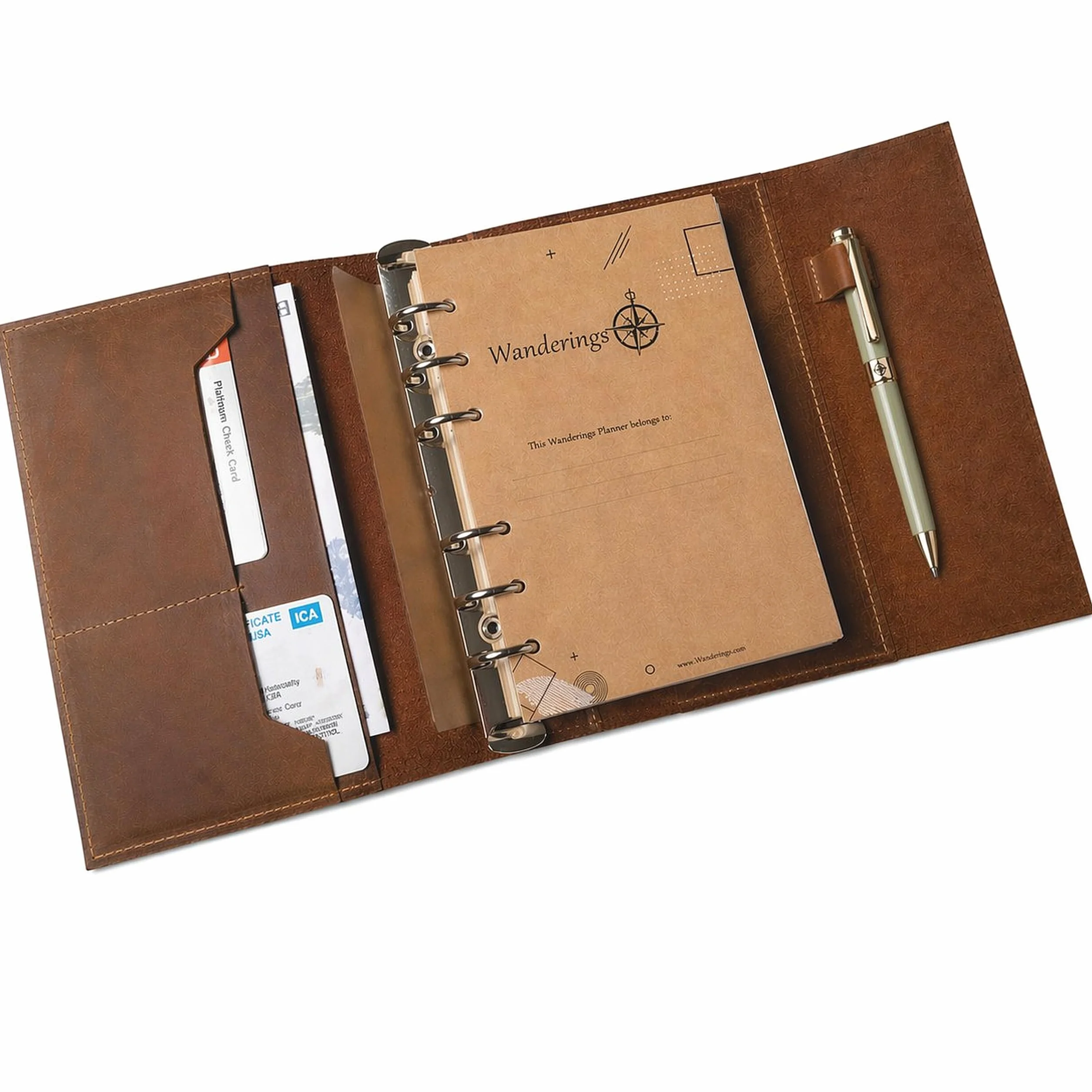 WANDERINGS Planificador A5 Cuero Carpeta - Diario Recargable 6 Anillas - Organizador Cuero Genuino Hecho a Mano Compatible Filofax