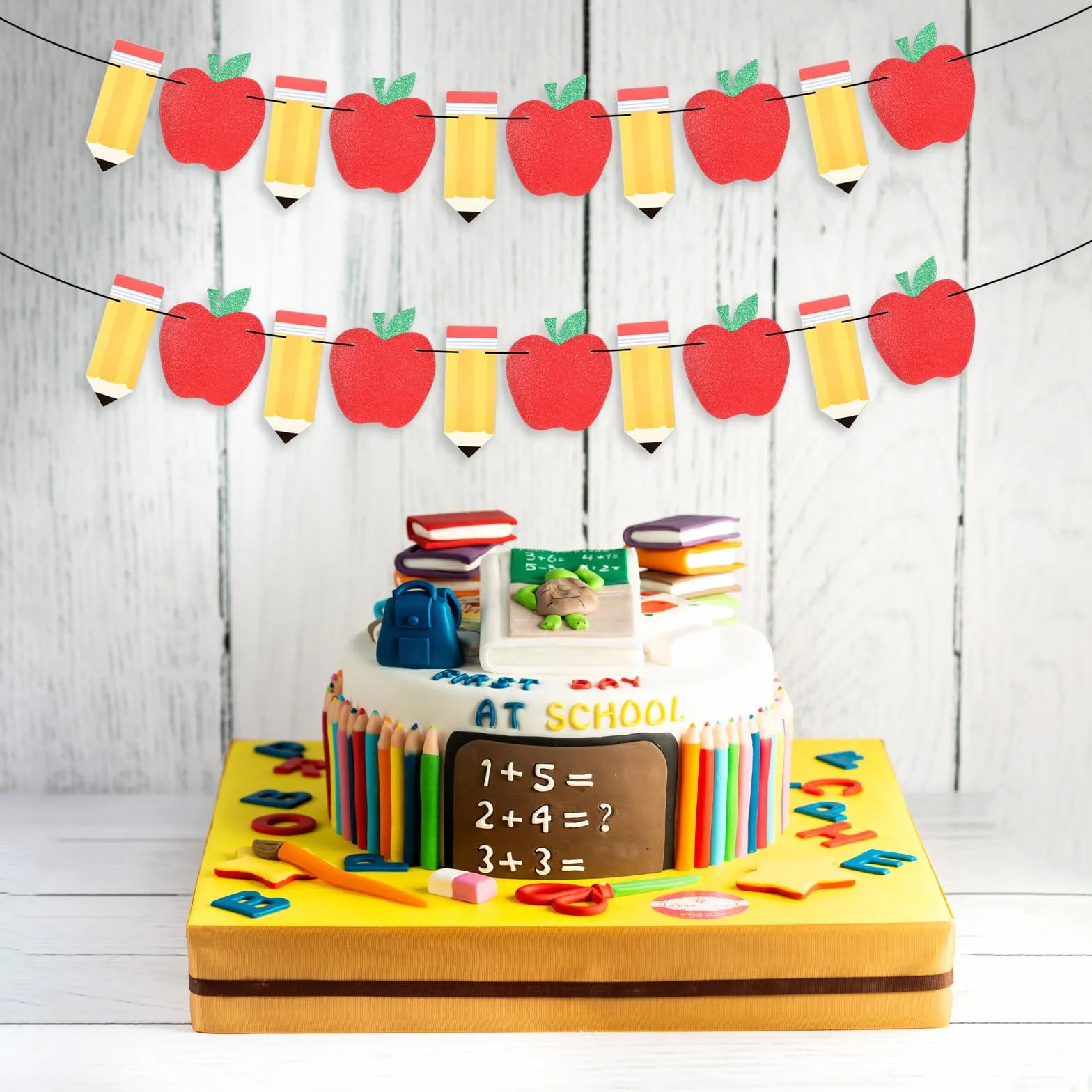 2 pancartas de lápiz de manzana para decoración de regreso a clases, decoración de primer día de clases, suministros de fiesta, cartulina roja y amarilla con purpurina