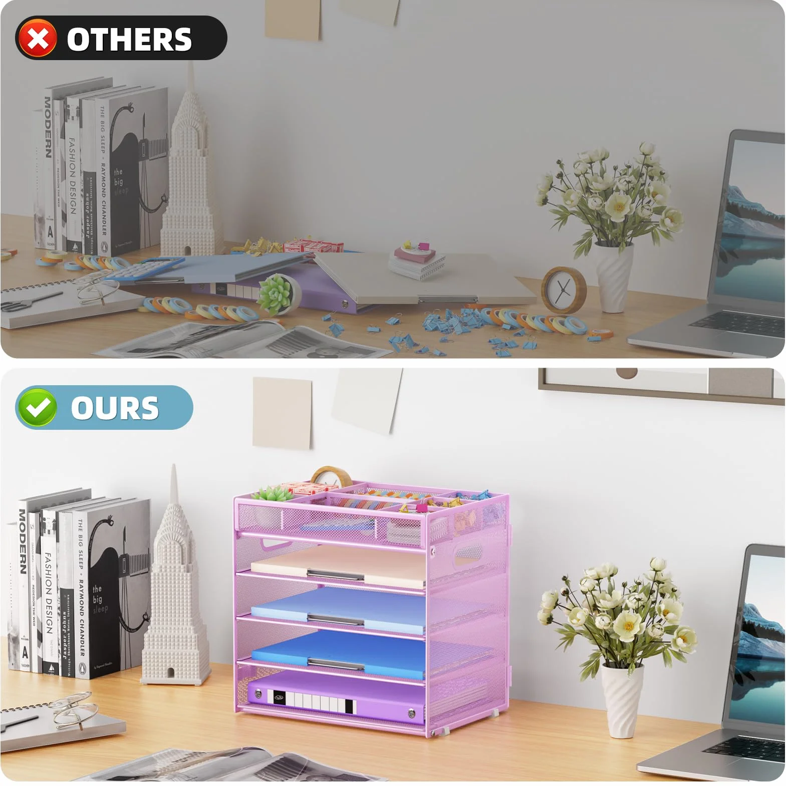 Marbrasse Organizador de Escritorio de Malla 5 Niveles, Bandeja para Papeles con Compartimentos Ajustables y Asa, Morado