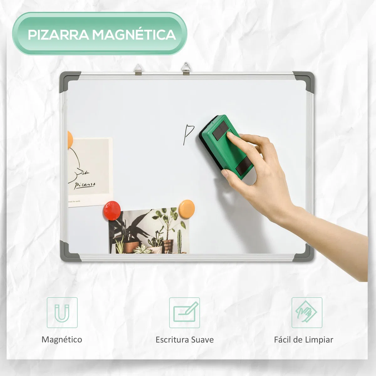 HOMCOM Pizarra Blanca Magnética con Bastidor de Aleación de Aluminio 60x45 cm Pizarra de Borrado en Seco con Borrador 4 Rotuladores y 10 Imanes para Oficina Hogar