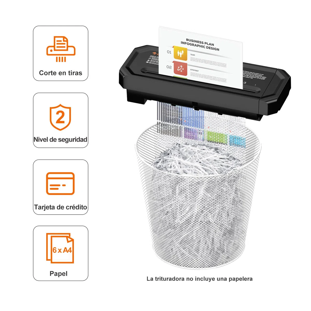 Bonsaii Destructora de Papel de 6 Hojas con Corte en Tiras para Oficina en casa, con trituración de Tarjetas de crédito, Nivel de Seguridad P-2, Apta para Botes de Basura de 31,5–39,5cm, S125-A