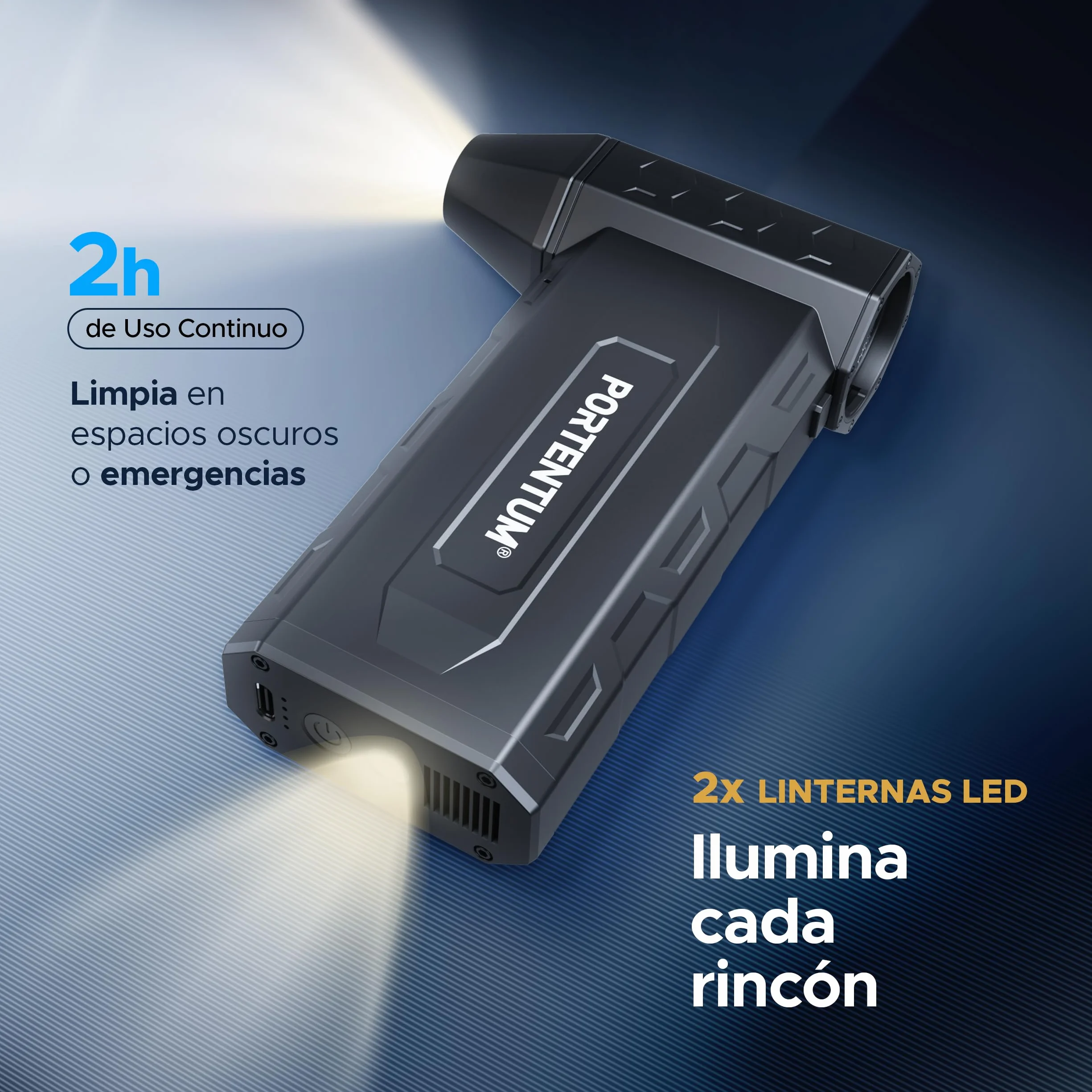 PORTENTUM 3 en 1 Soplador de aire potente 180 km/h – Aspirador coche potente 25 kPa – Linterna LED doble – Set de 25 que incluye 6 boquillas y 13 cepillos – Pistola aire comprimido hasta 115 min