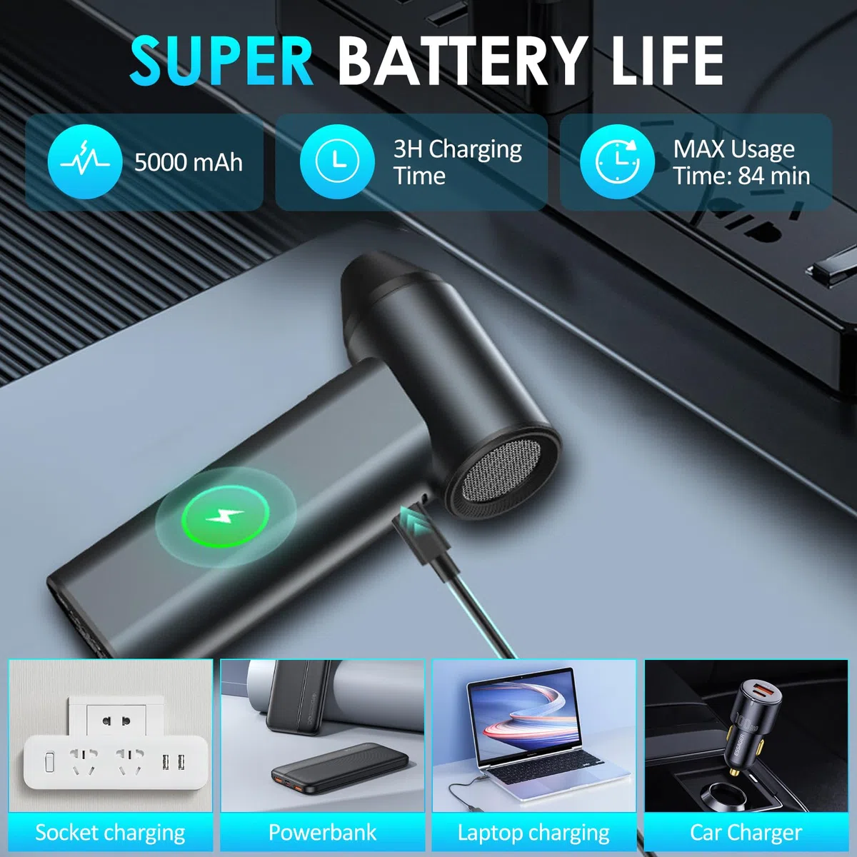 Journeyside Aire Comprimido Soplador,110.000 RPM Soplador de Polvo Eléctrico con Indicador Carga, Recargable Plumero Electrico, Protección Contra Sobretemperatura, Adecuado Portátiles, Coche,Teclados