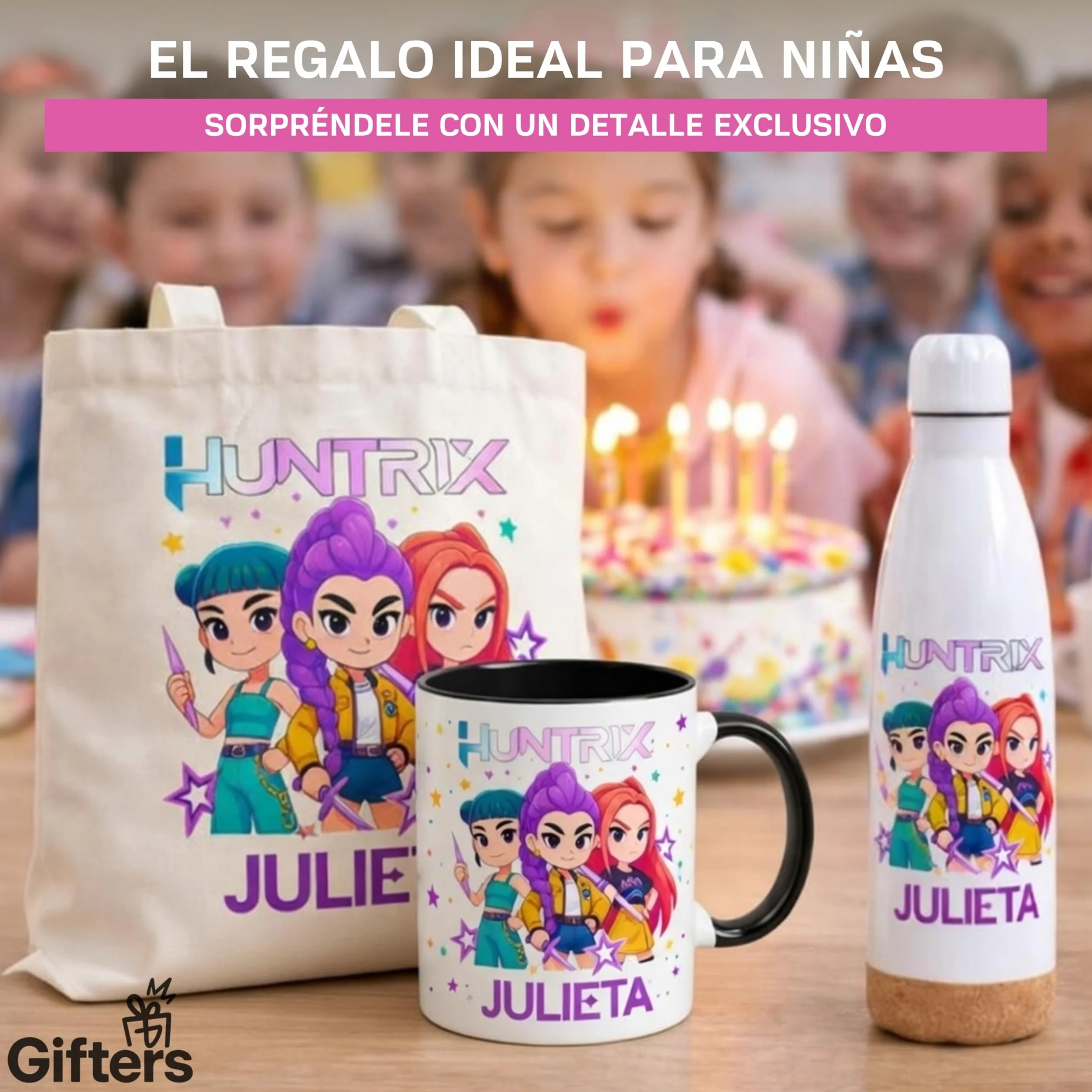 Gifters | Pack Bolsa Personalizada con Nombre + Botella Acero Inoxidable 750 ml + Taza Cerámica 325 ml | Diseño Personajes Estilo K-Pop | Regalo Original para Niña, Cumpleaños, Navidad y Comunión