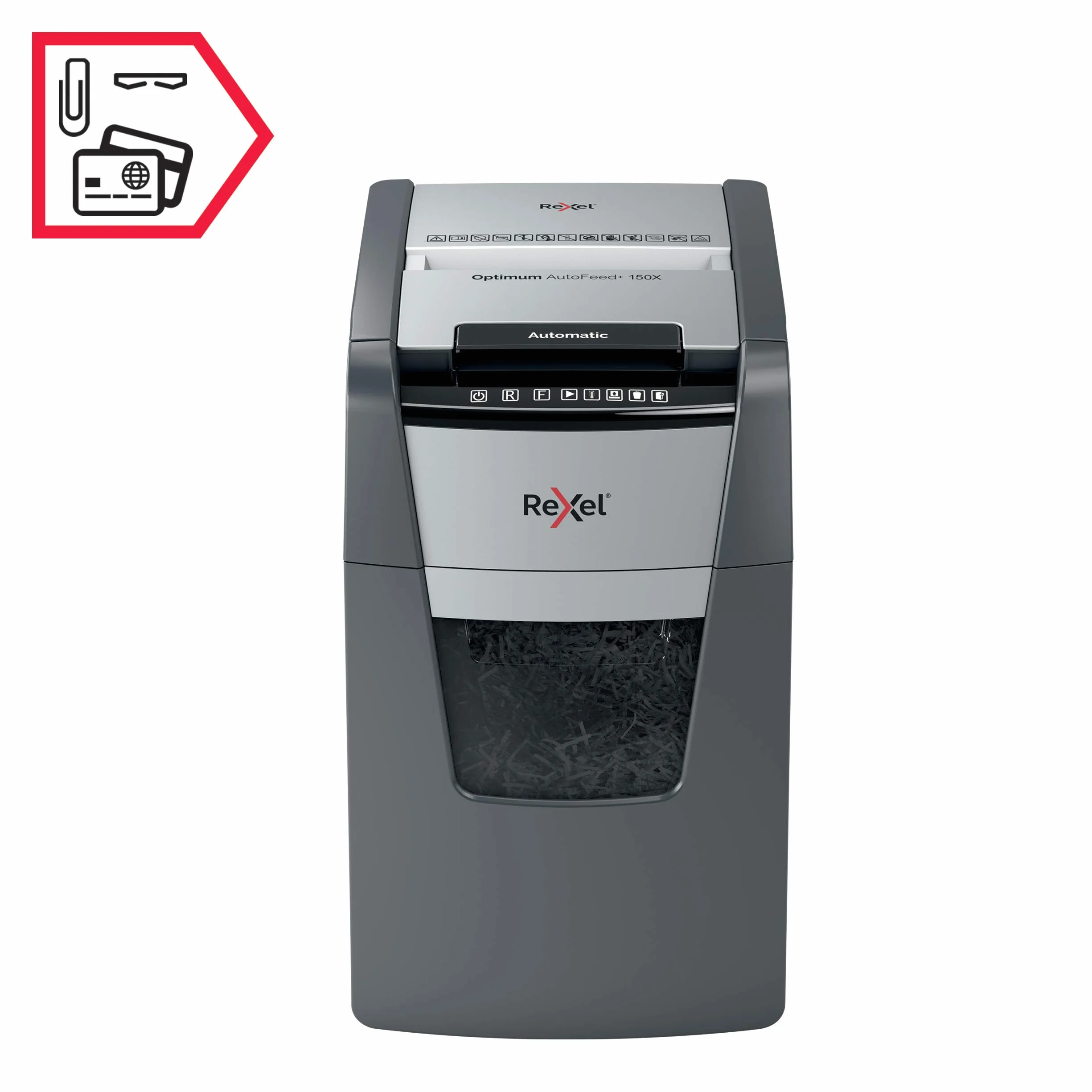 Rexel 2020150XEU - Destructora de Papel Automática Optimum AutoFeed 150X, Corte en Partículas P-4 (4x28 mm), 150 Hojas A4, Papelera Extraíble 44L, Destruye Grapas y Clips, Uso en Oficina