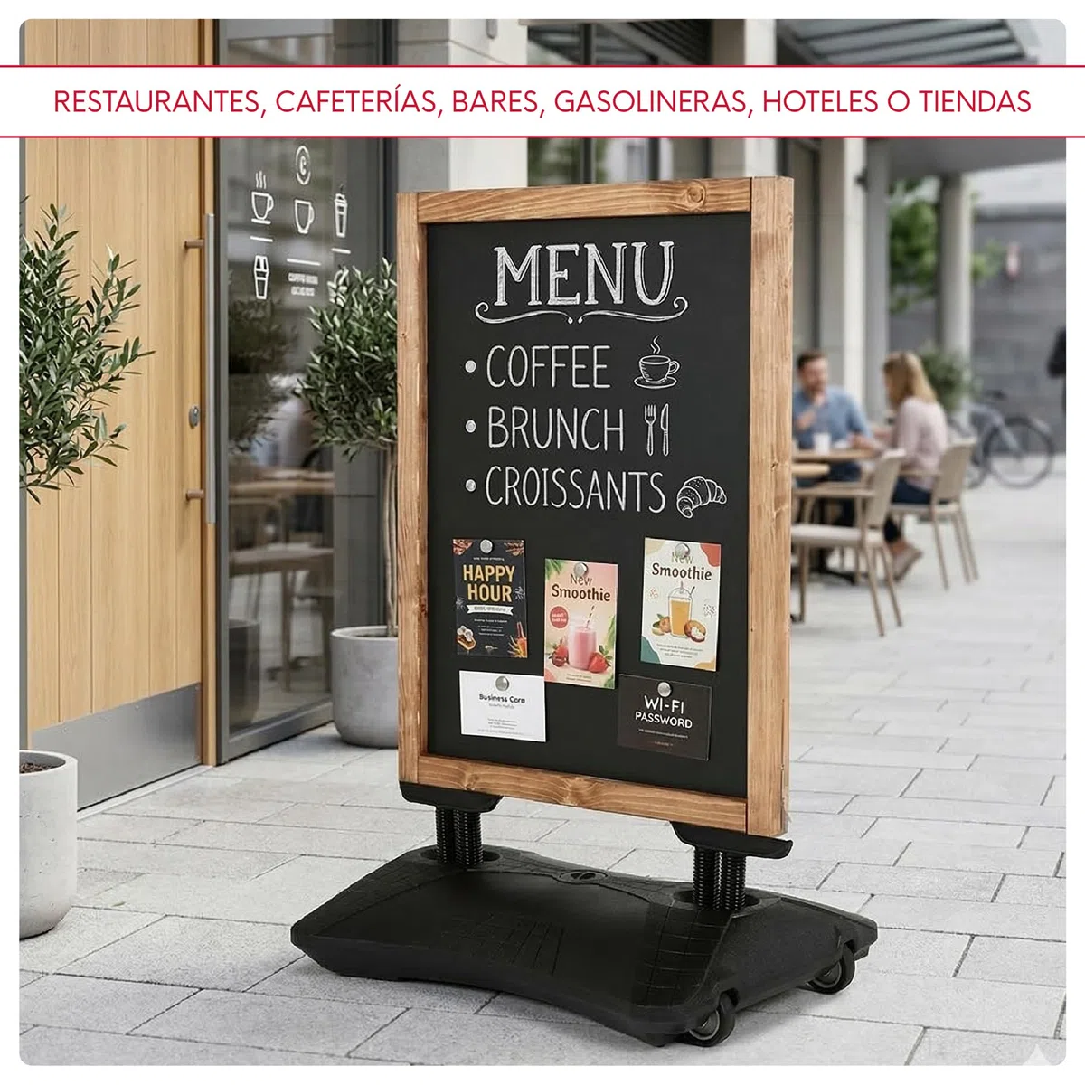 Pizarra Negra Doble Cara para Exterior con Base Rellenable y Ruedas | Pizarra Magnética y para Tiza y Rotulador | Marco de Madera de Haya | Cartel Publicitario para Hostelería (680x460 mm)