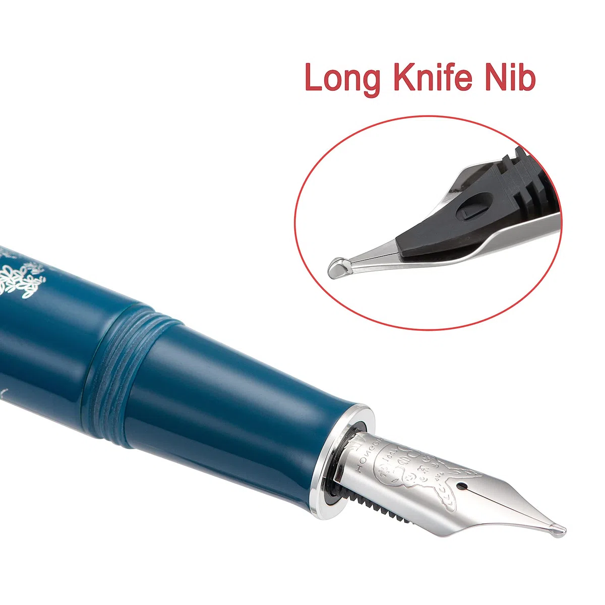 Hongdian N23 - Pluma estilográfica de conejo azul, hoja larga, punta media, borde plateado, diseño de tallado de conejo de la suerte, de escritura suave con convertidor y caja de bolígrafo de metal