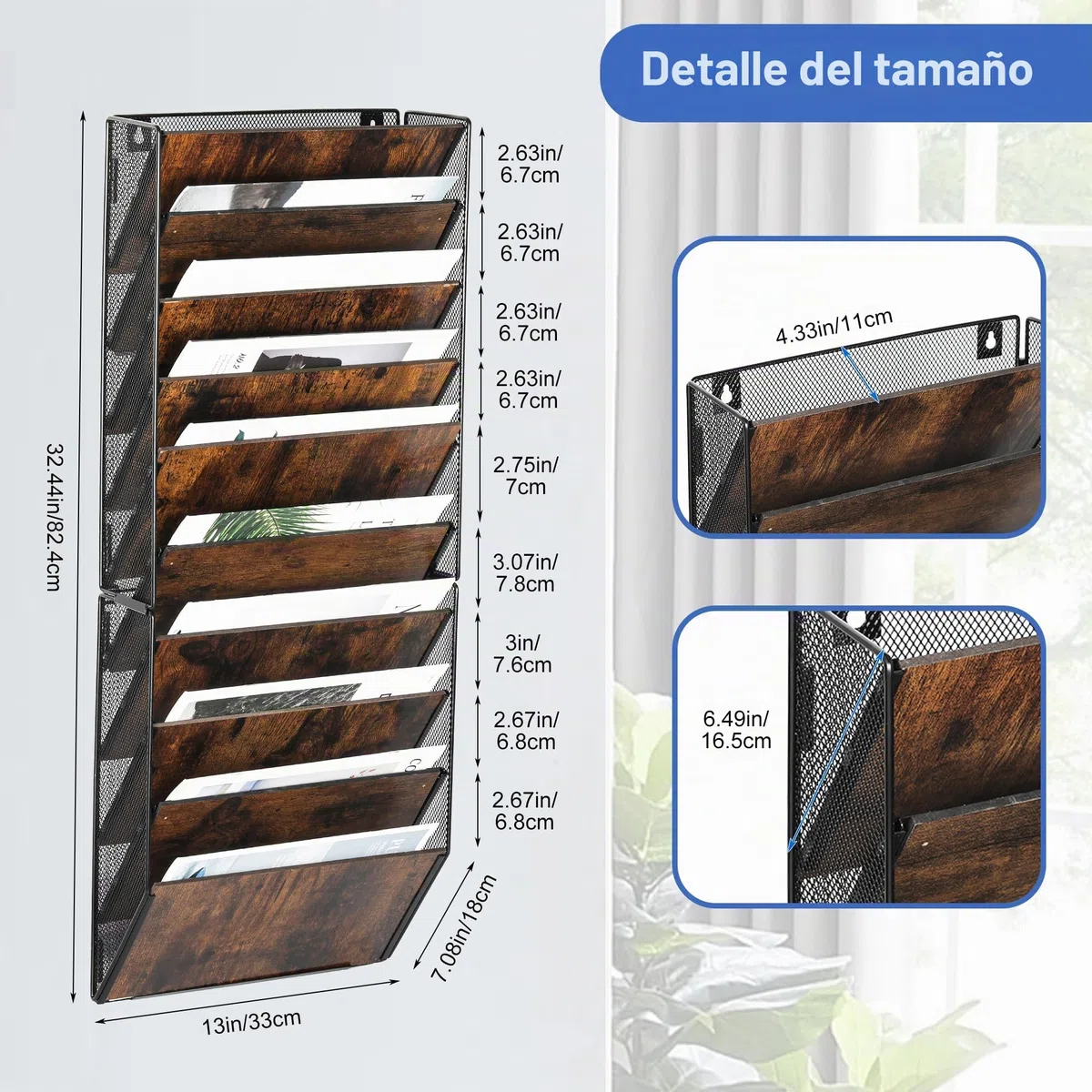 Revistero Pared 10 Niveles Metálico - Organizador Pared A4, Archivador Oficina Porta Documentos y Revistas, Carpeta Colgante para Archivos, Hogar Escuela (Negro/Antiguo)
