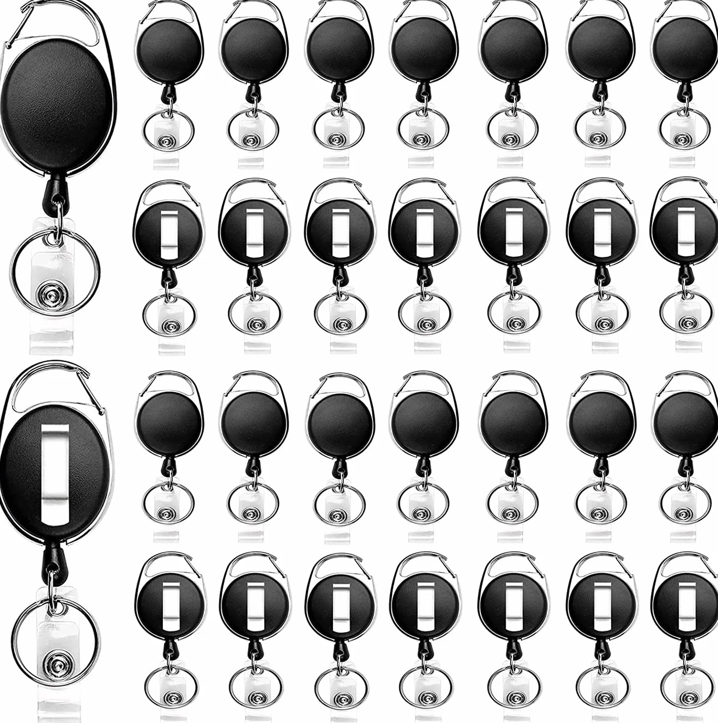 Suokoun Carrete de Insignia Pesada Retráctil 30 PCS Gancho Llavero Soporte Tarjeta Identificación Negro Cuerda 25.5 Pulgadas